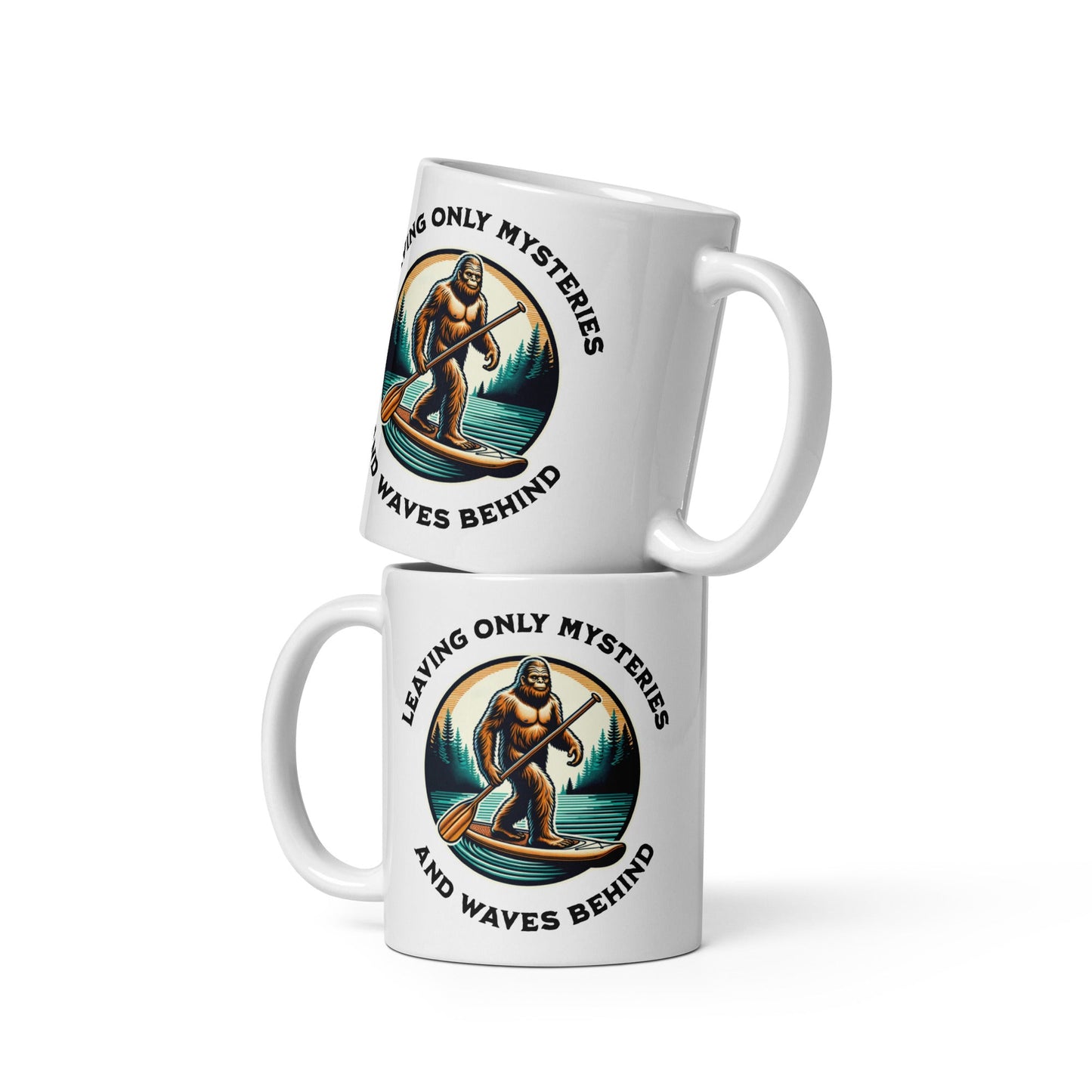 Bigfoot Paddle Boarding White Glossy Mug (11 oz, 15 oz, 20 oz) - Mugs - Discovery Co.