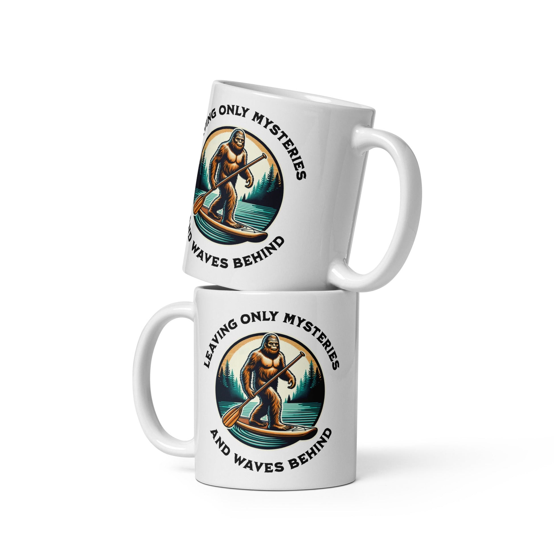 Bigfoot Paddle Boarding White Glossy Mug (11 oz, 15 oz, 20 oz) - Mugs - Discovery Co.