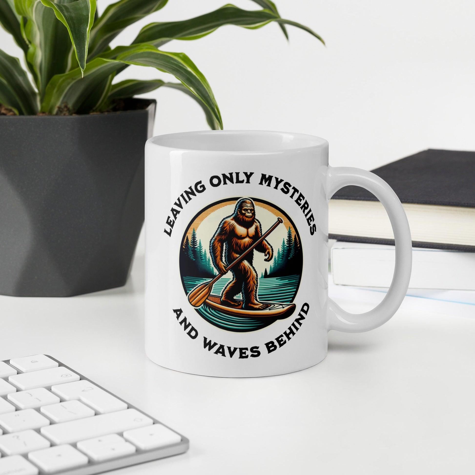 Bigfoot Paddle Boarding White Glossy Mug (11 oz, 15 oz, 20 oz) - Mugs - Discovery Co.