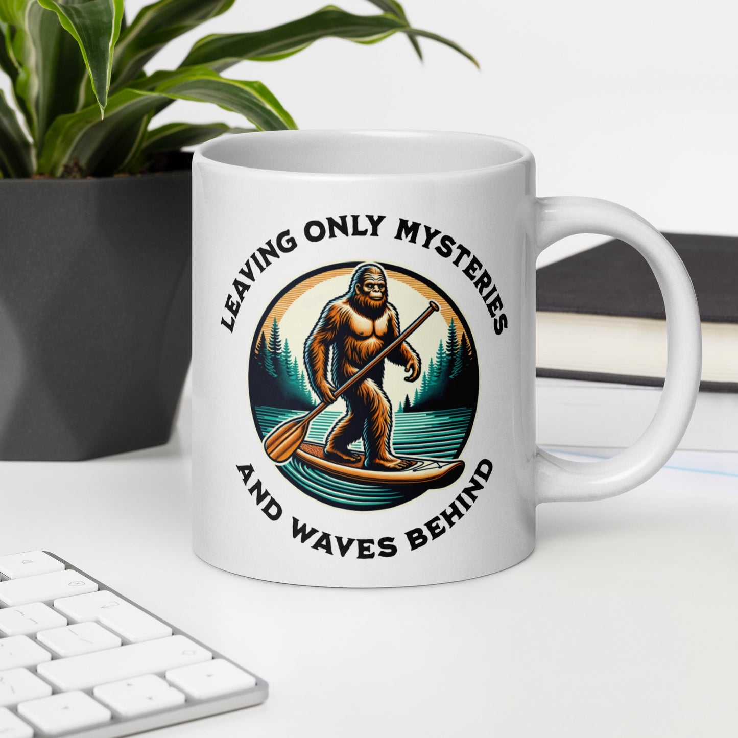 Bigfoot Paddle Boarding White Glossy Mug (11 oz, 15 oz, 20 oz) - Mugs - Discovery Co.