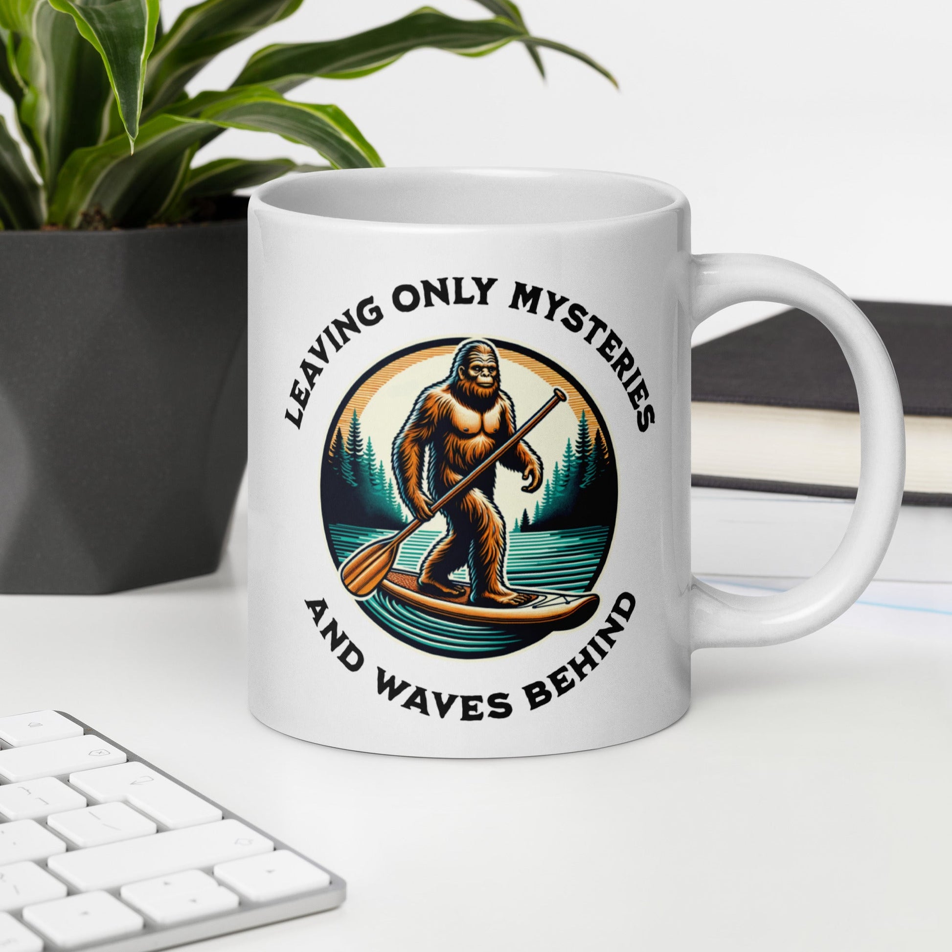 Bigfoot Paddle Boarding White Glossy Mug (11 oz, 15 oz, 20 oz) - Mugs - Discovery Co.