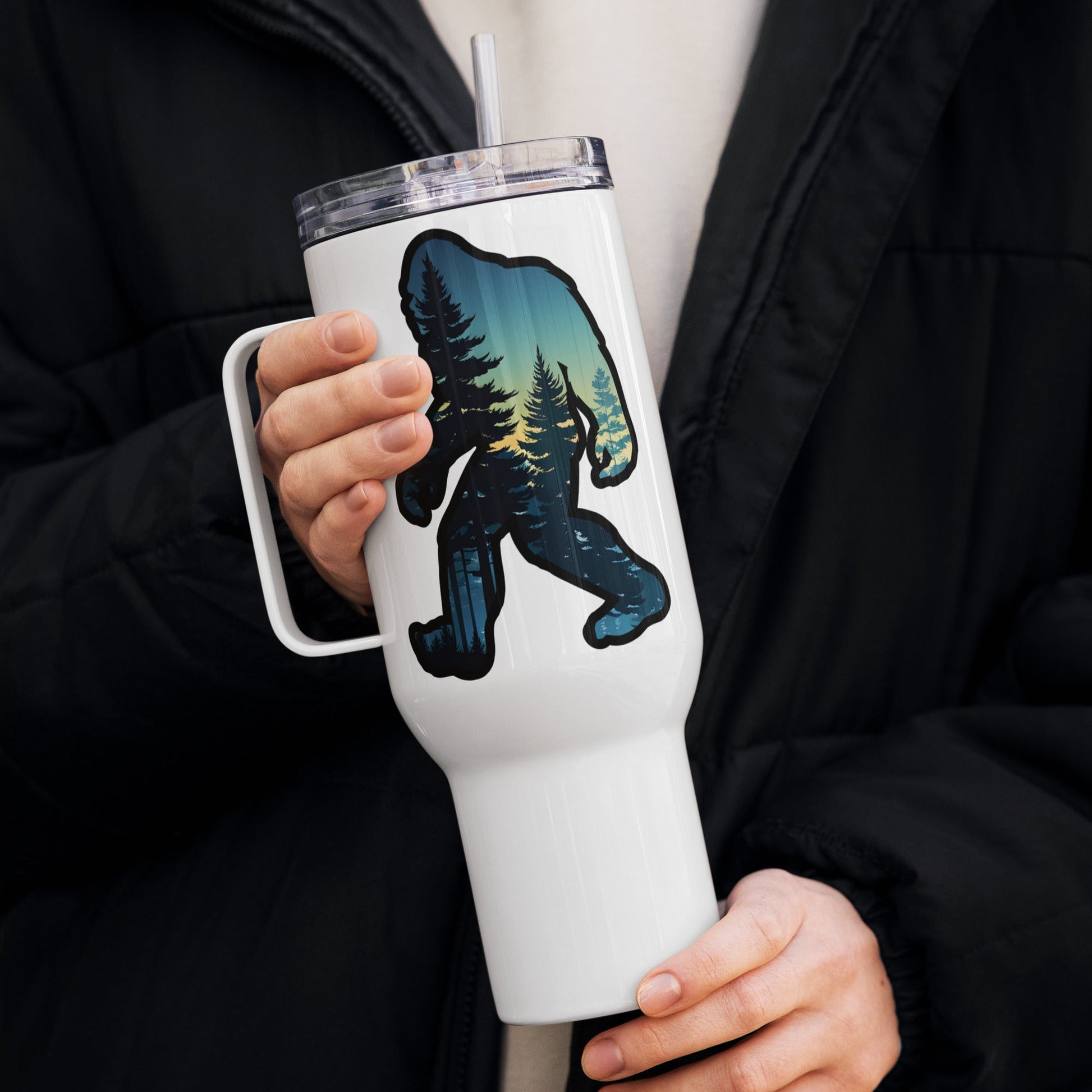 Bigfoot Sunset Forest Travel Mug With Handle (25 oz and 40 oz) - Travel Mug - Discovery Co.