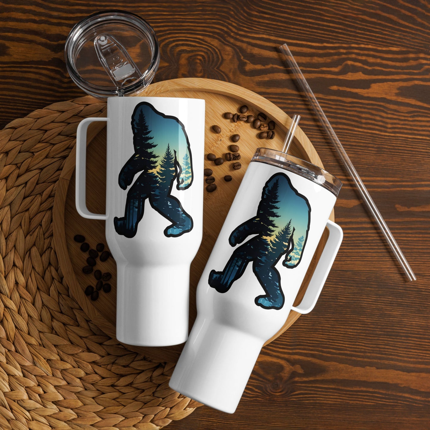 Bigfoot Sunset Forest Travel Mug With Handle (25 oz and 40 oz) - Travel Mug - Discovery Co.