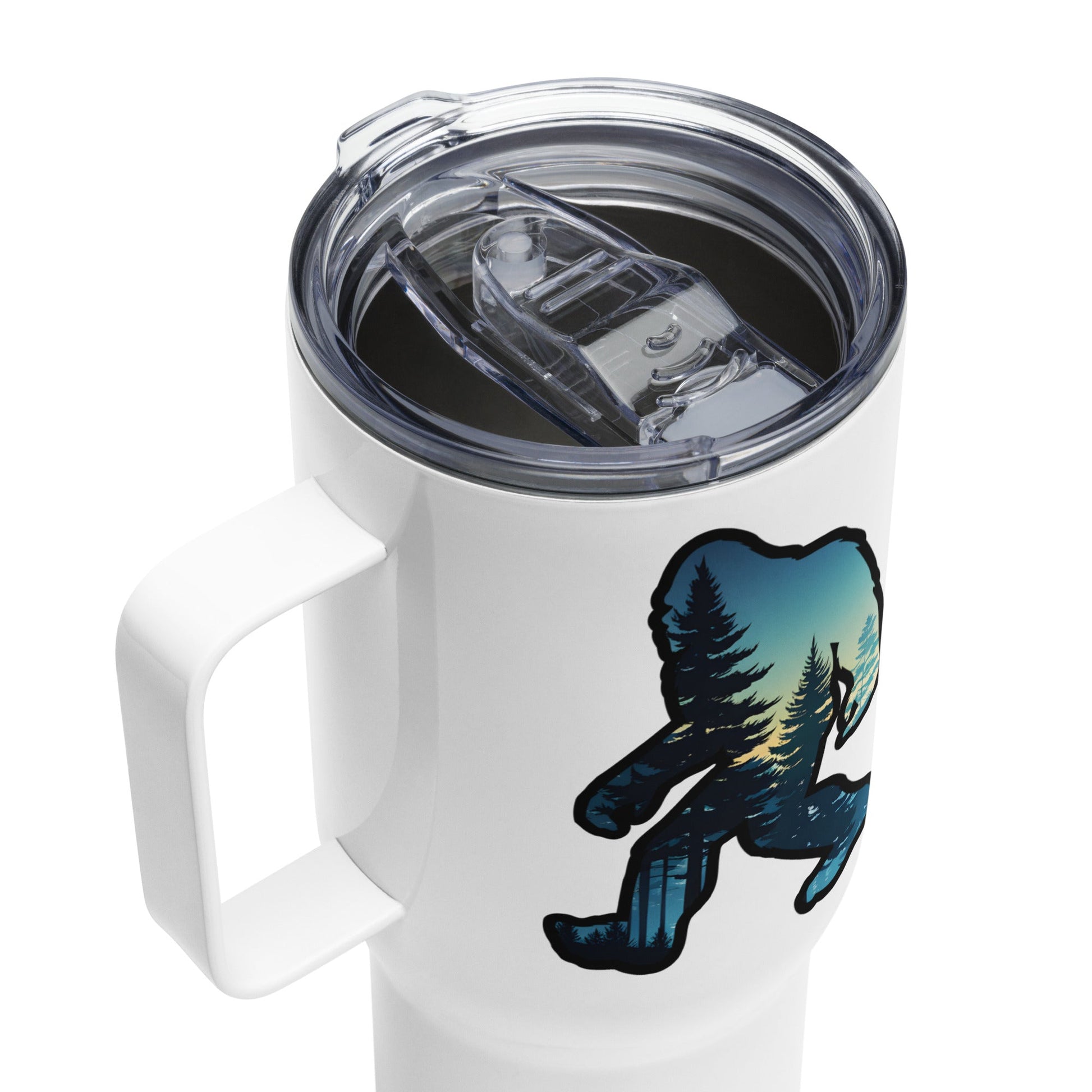 Bigfoot Sunset Forest Travel Mug With Handle (25 oz and 40 oz) - Travel Mug - Discovery Co.