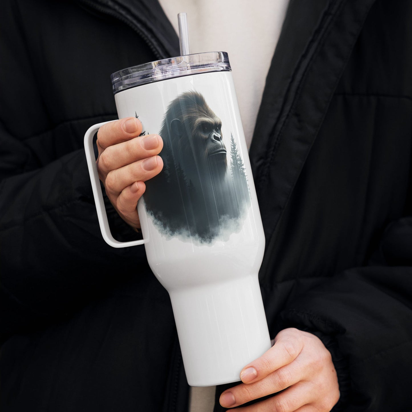 Bigfoot Watching Travel Mug With Handle (25 oz and 40 oz) - Travel Mug - Discovery Co.