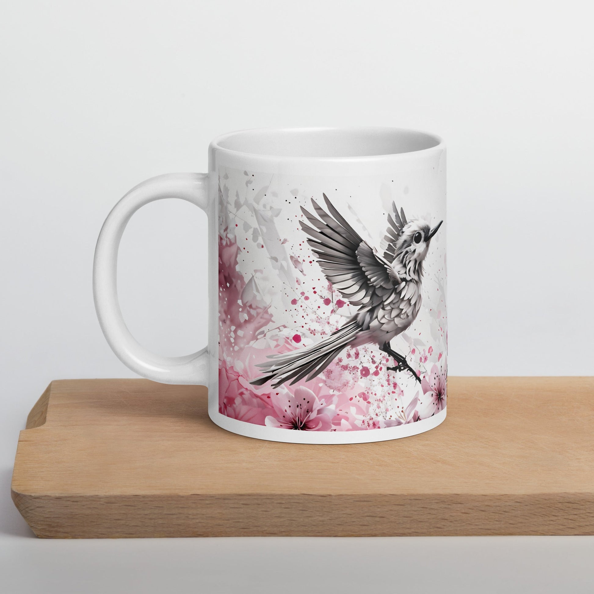 Bird On Cherry Blossom Branch White Glossy Mug (11 oz, 15 oz, 20 oz) - Mugs - Discovery Co.