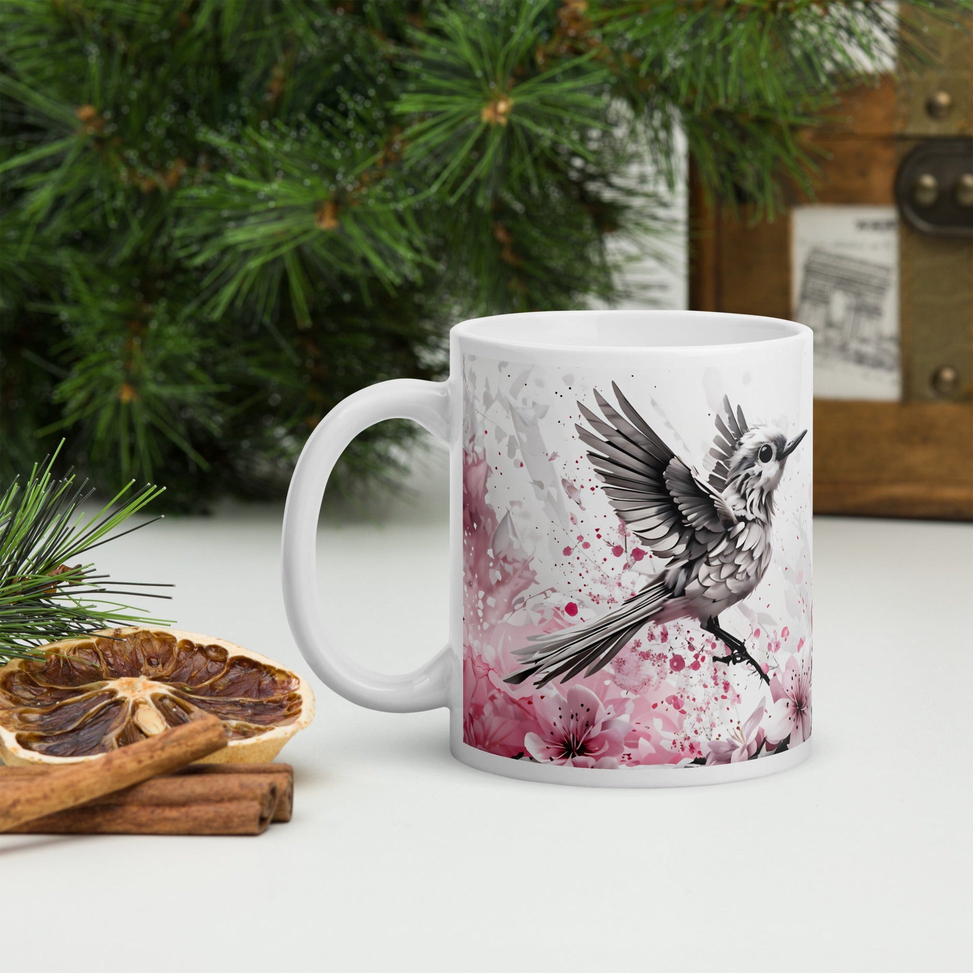 Bird On Cherry Blossom Branch White Glossy Mug (11 oz, 15 oz, 20 oz) - Mugs - Discovery Co.