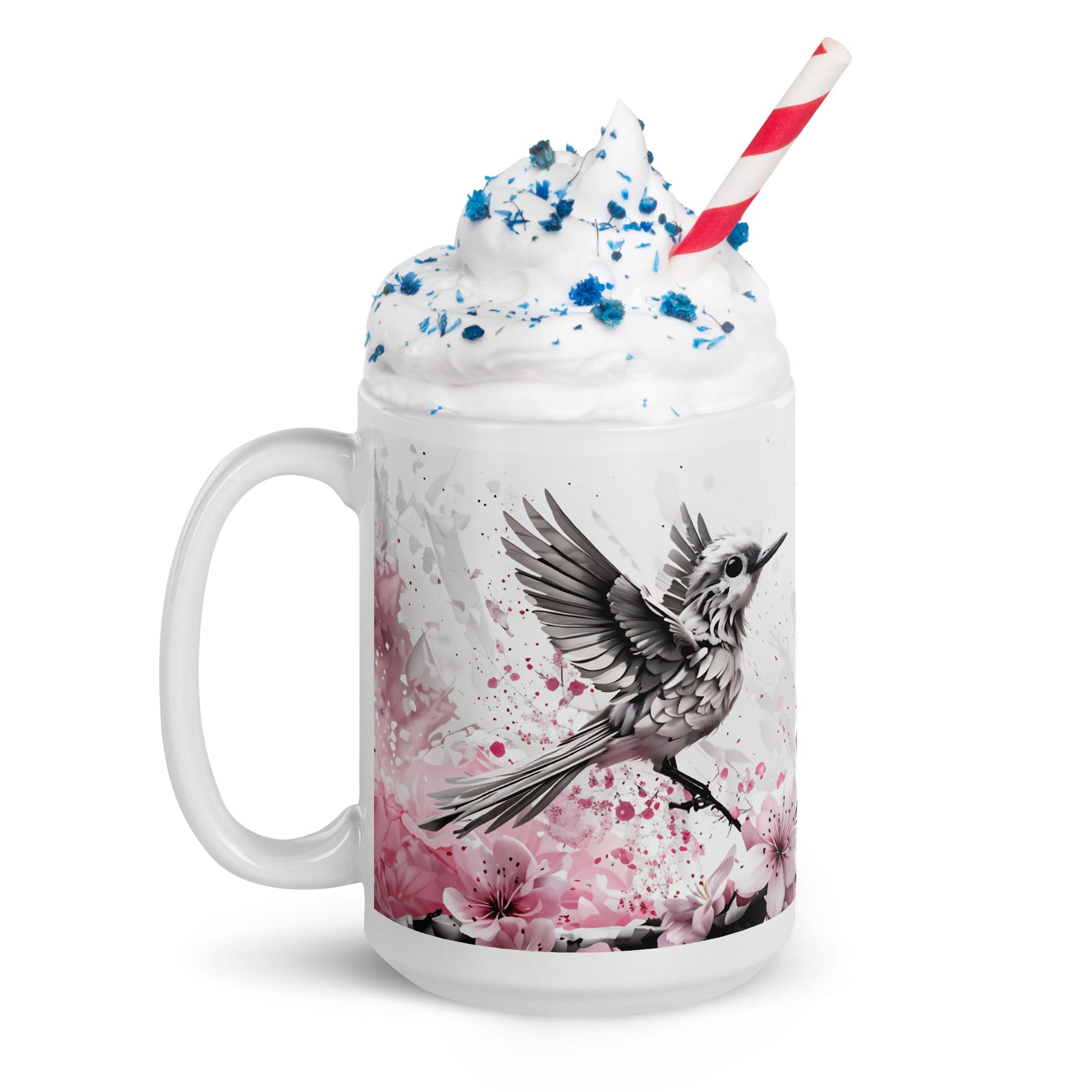 Bird On Cherry Blossom Branch White Glossy Mug (11 oz, 15 oz, 20 oz) - Mugs - Discovery Co.