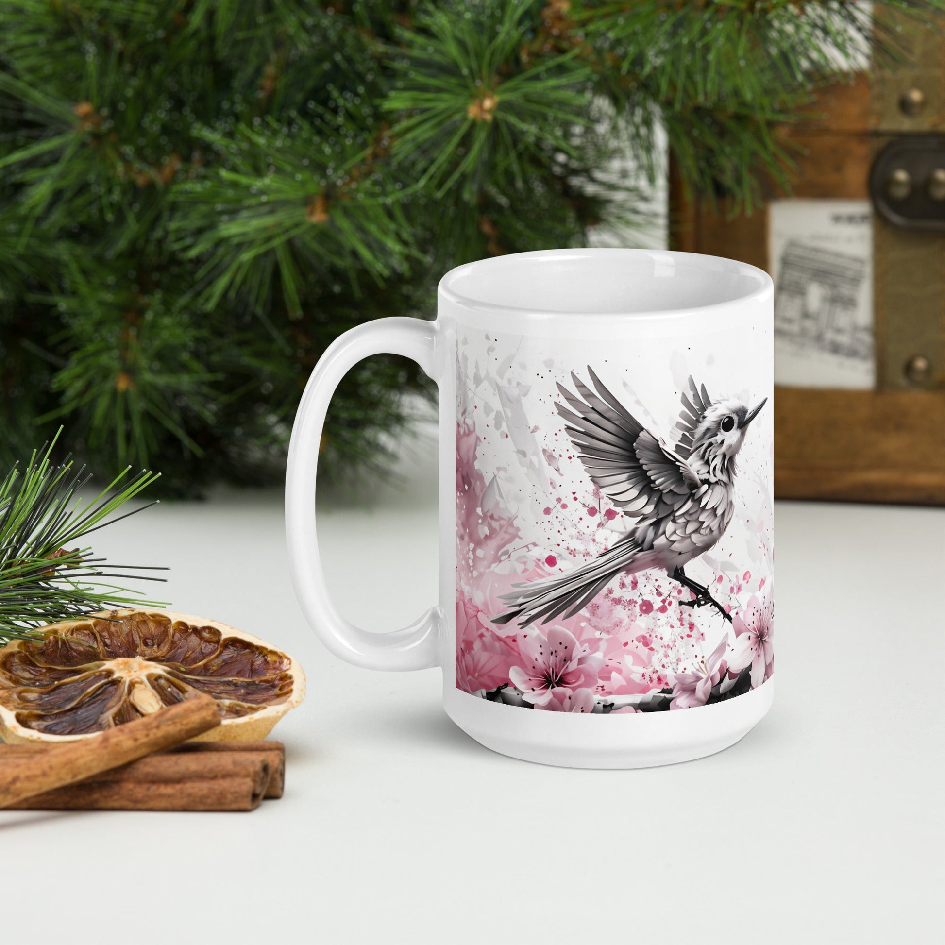 Bird On Cherry Blossom Branch White Glossy Mug (11 oz, 15 oz, 20 oz) - Mugs - Discovery Co.