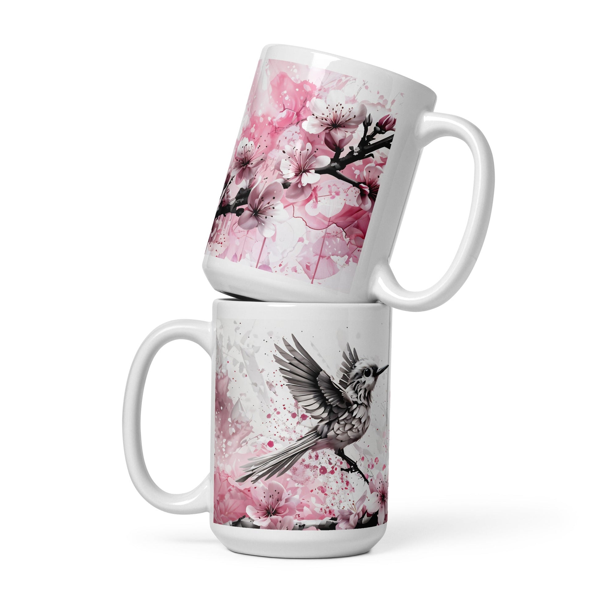 Bird On Cherry Blossom Branch White Glossy Mug (11 oz, 15 oz, 20 oz) - Mugs - Discovery Co.