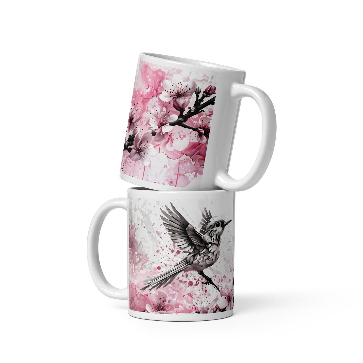 Bird On Cherry Blossom Branch White Glossy Mug (11 oz, 15 oz, 20 oz) - Mugs - Discovery Co.