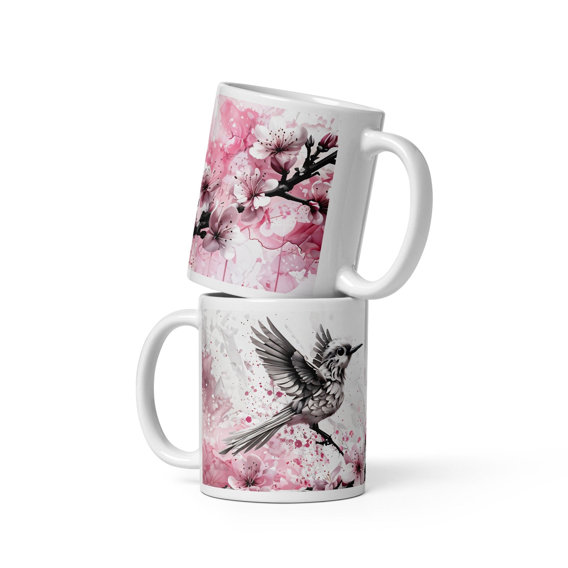 Bird On Cherry Blossom Branch White Glossy Mug (11 oz, 15 oz, 20 oz) - Mugs - Discovery Co.