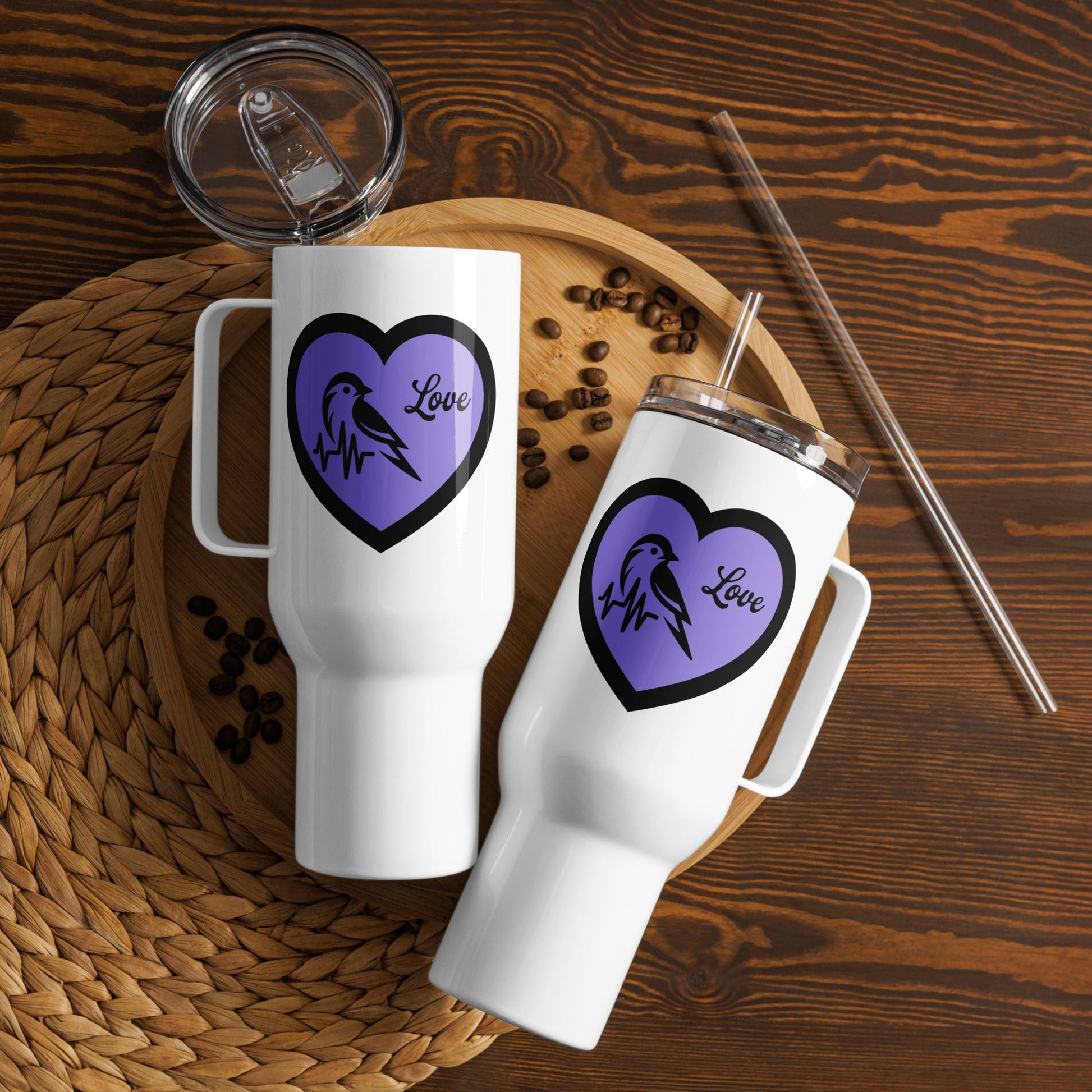Black Bird Heartbeat II Travel Mug With Handle (25 oz and 40 oz) - Travel Mug - Discovery Co.