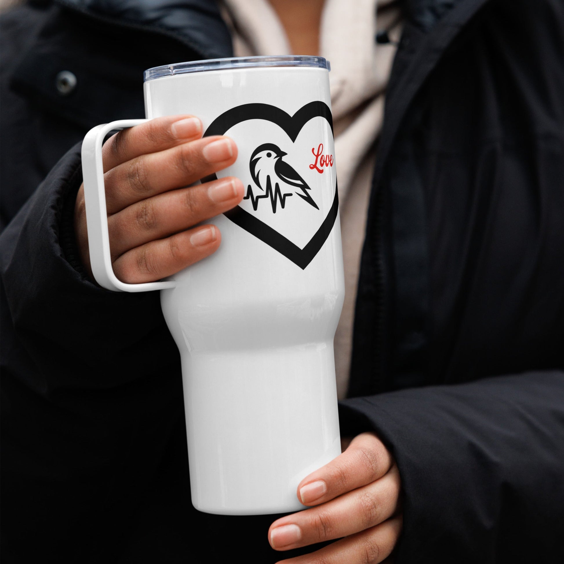 Black Bird Heartbeat Travel Mug With Handle (25 oz and 40 oz) - Travel Mug - Discovery Co.