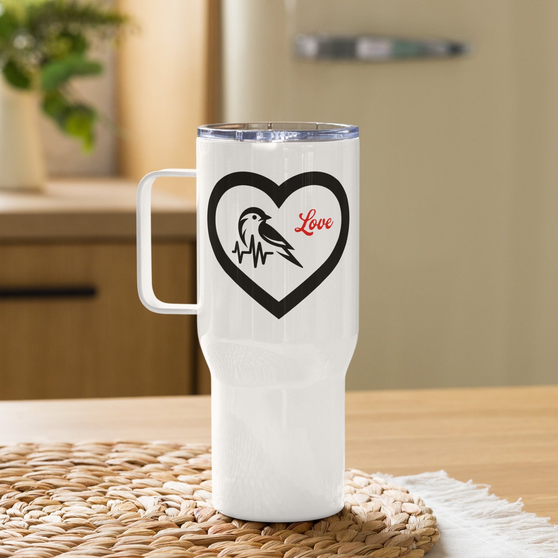 Black Bird Heartbeat Travel Mug With Handle (25 oz and 40 oz) - Travel Mug - Discovery Co.