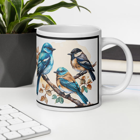 Black Outlined Watercolor Birds White Glossy Mug (11 oz, 15 oz, 20 oz) - Mugs - Discovery Co.