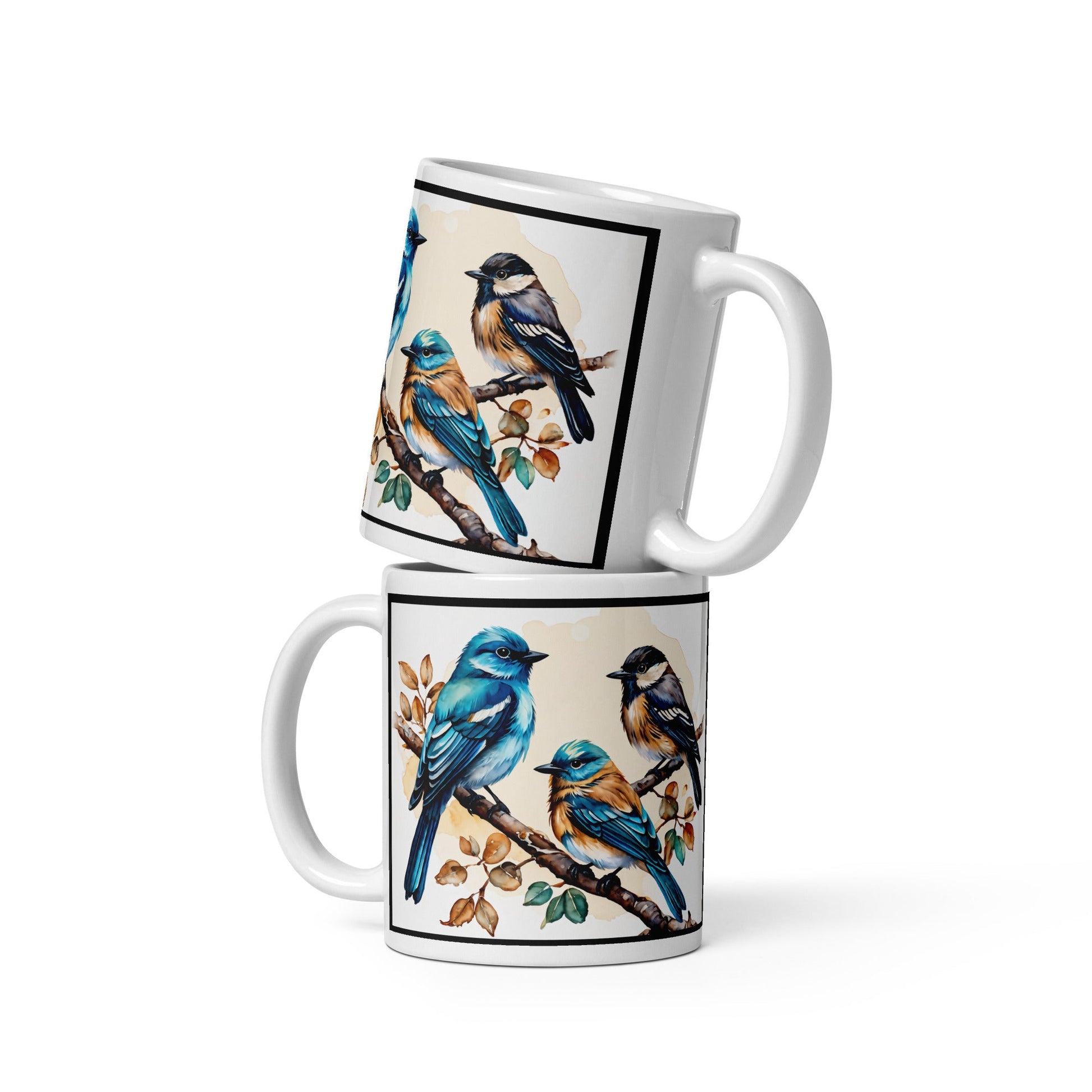 Black Outlined Watercolor Birds White Glossy Mug (11 oz, 15 oz, 20 oz) - Mugs - Discovery Co.