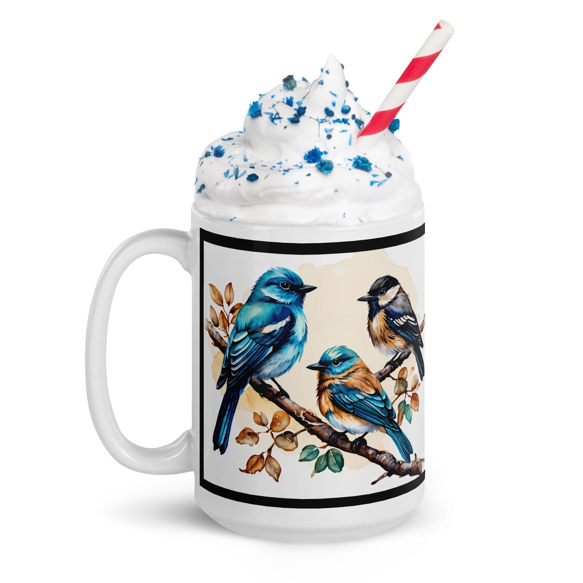 Black Outlined Watercolor Birds White Glossy Mug (11 oz, 15 oz, 20 oz) - Mugs - Discovery Co.