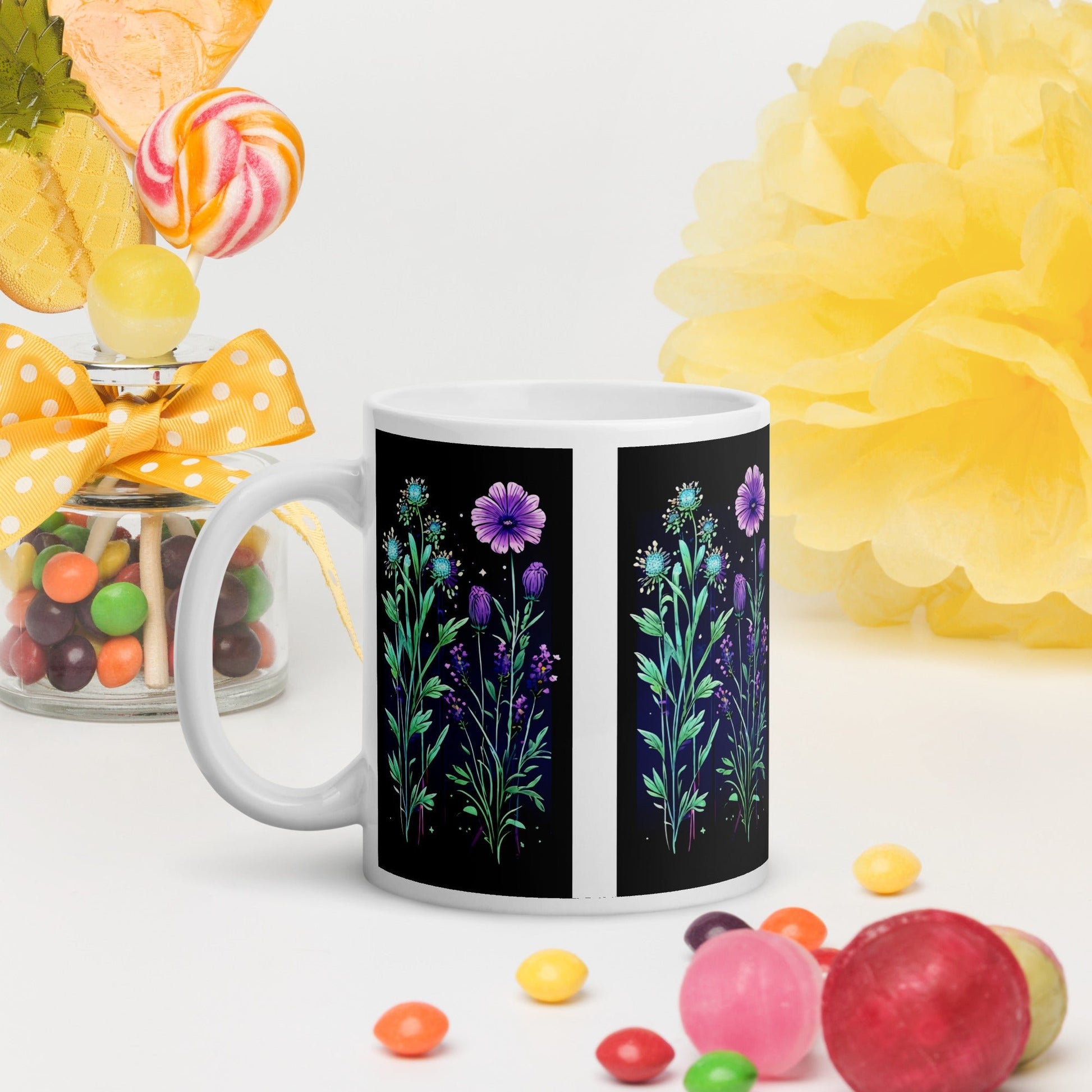 Black Tile Wildflowers White Glossy Mug (11 oz, 15 oz, 20 oz) - Mugs - Discovery Co.
