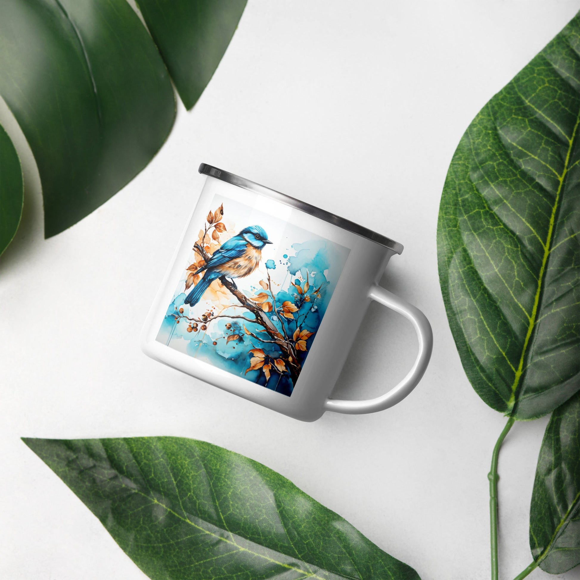 Blue and Tan Bird 2 Enamel Mug (12 oz) - Mugs - Discovery Co.