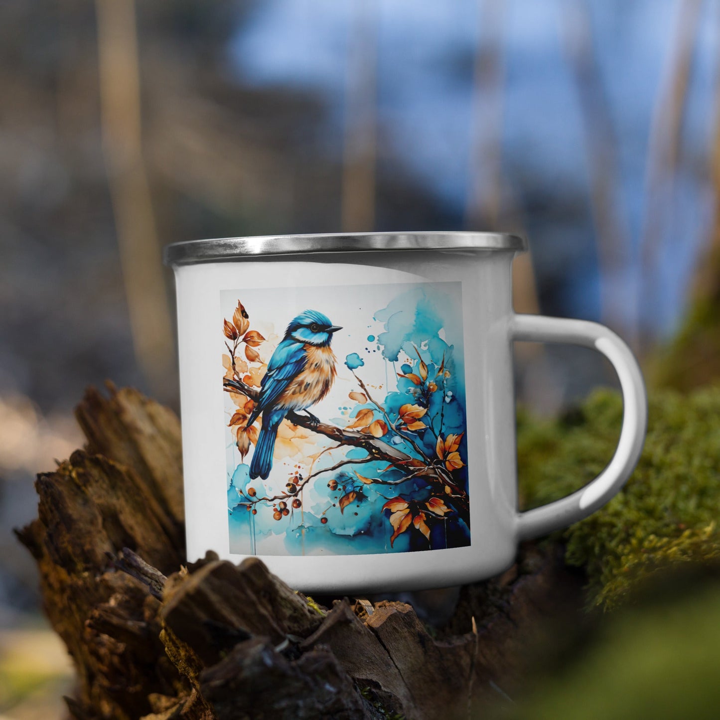 Blue and Tan Bird 2 Enamel Mug (12 oz) - Mugs - Discovery Co.