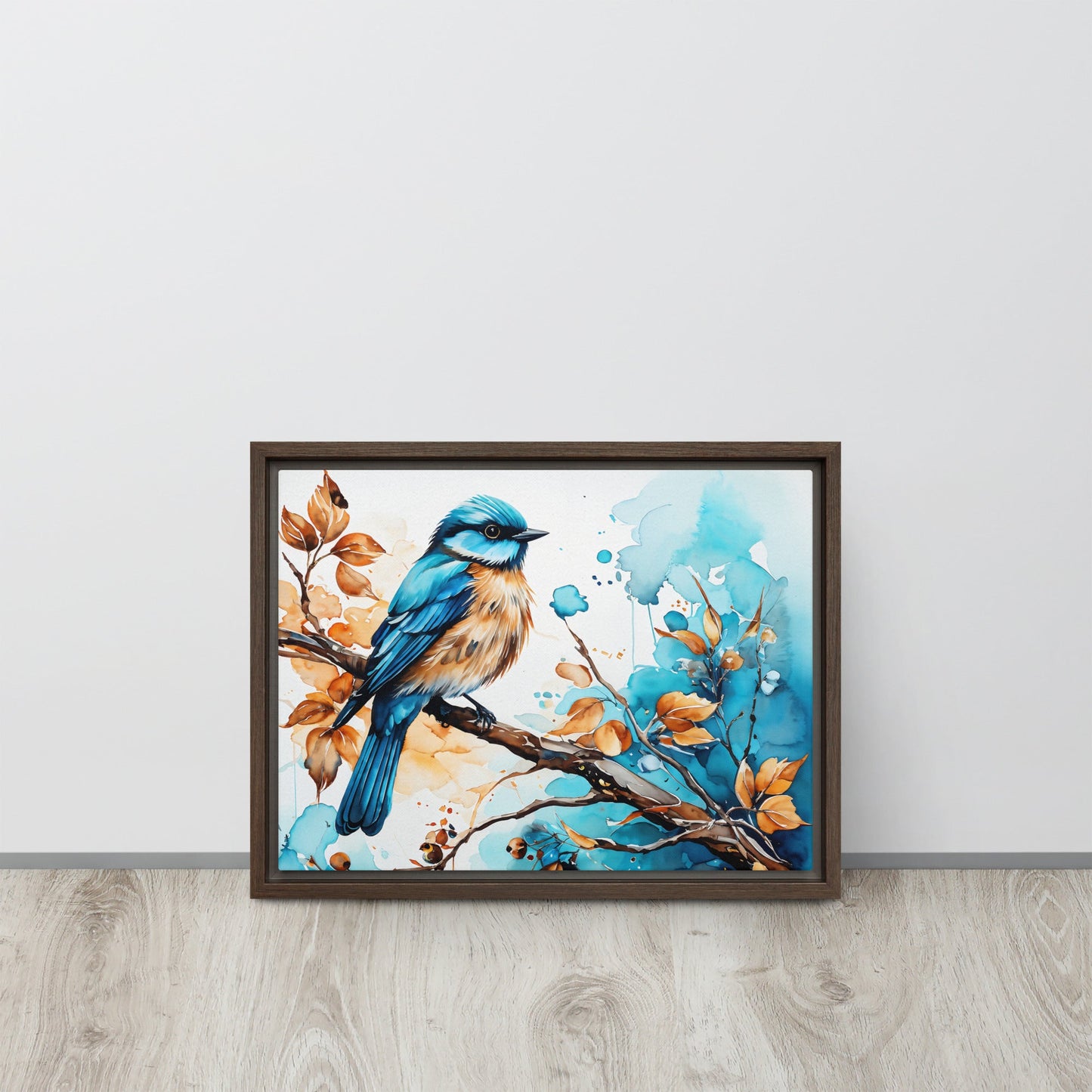 Blue and Tan Bird 2 Framed Canvas - Canvas Prints - Discovery Co.