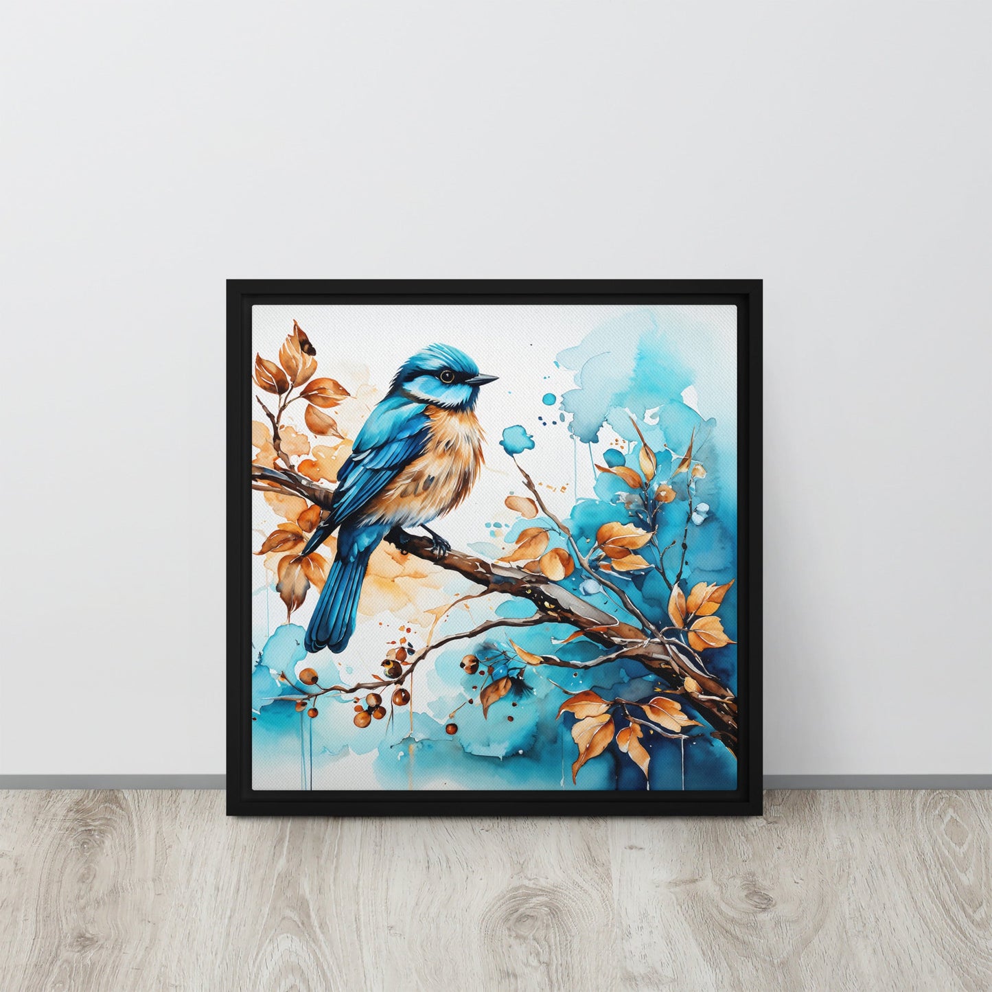 Blue and Tan Bird 2 Framed Canvas - Canvas Prints - Discovery Co.