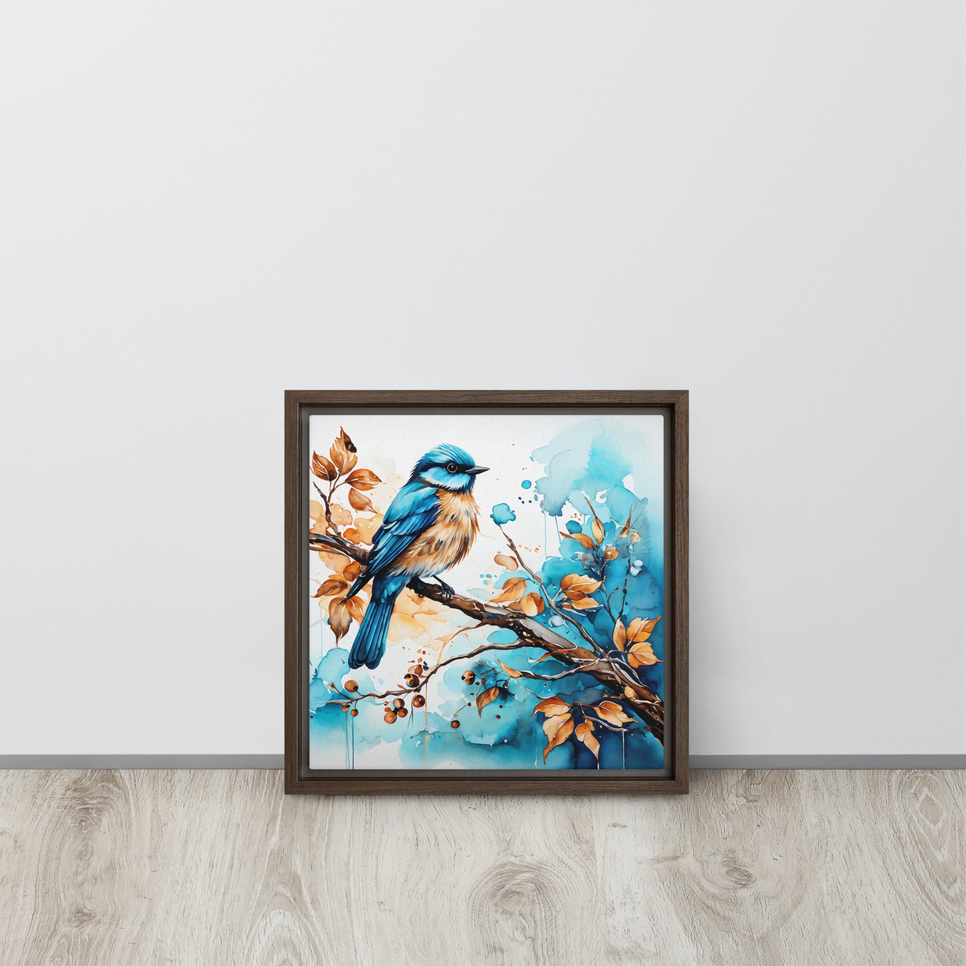 Blue and Tan Bird 2 Framed Canvas - Canvas Prints - Discovery Co.