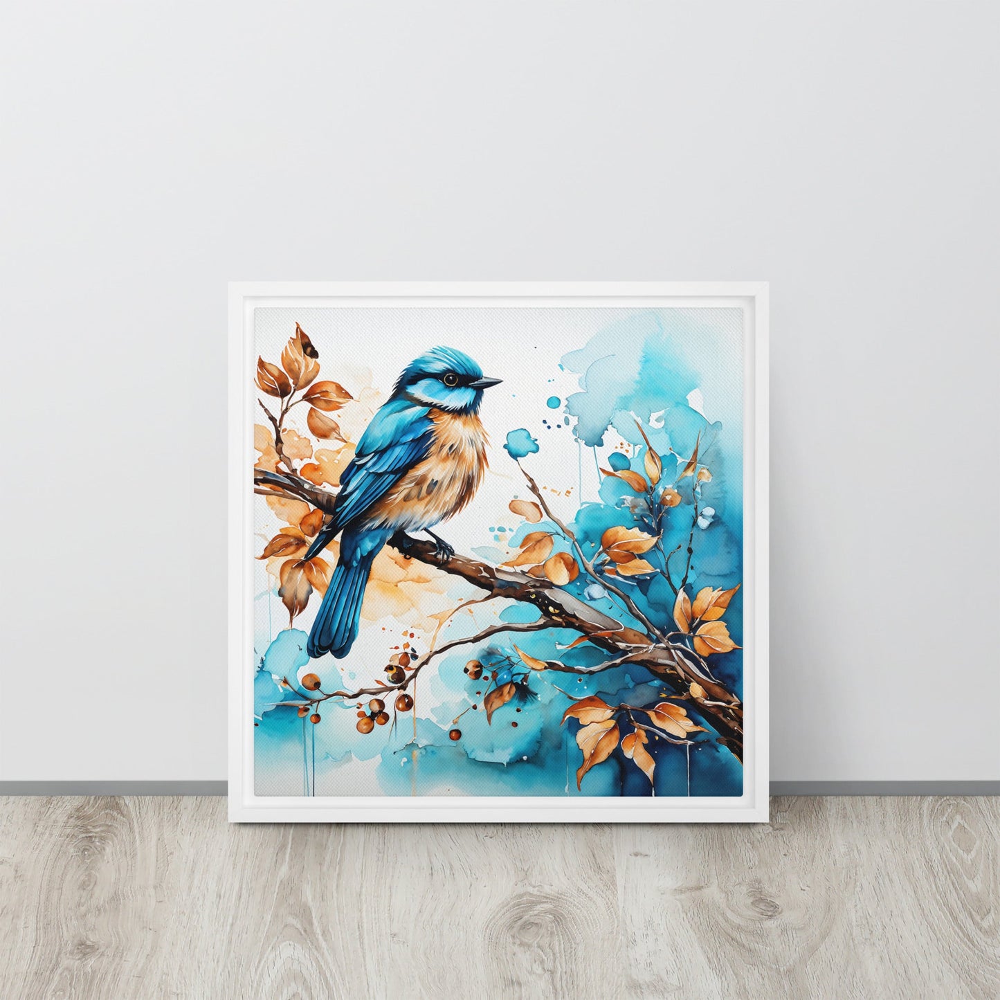 Blue and Tan Bird 2 Framed Canvas - Canvas Prints - Discovery Co.