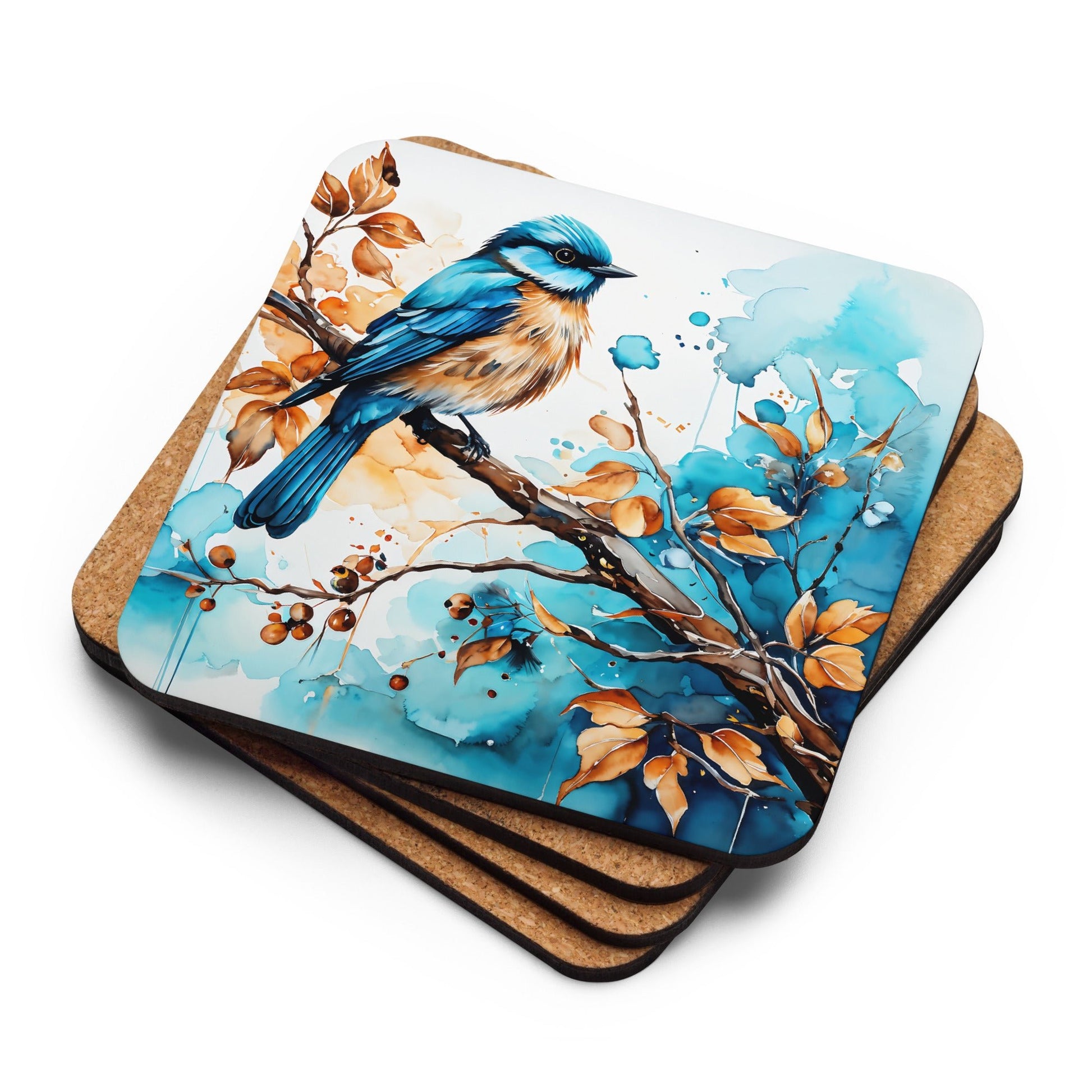 Blue and Tan Bird Perched Cork - back Coaster - Coasters - Discovery Co.