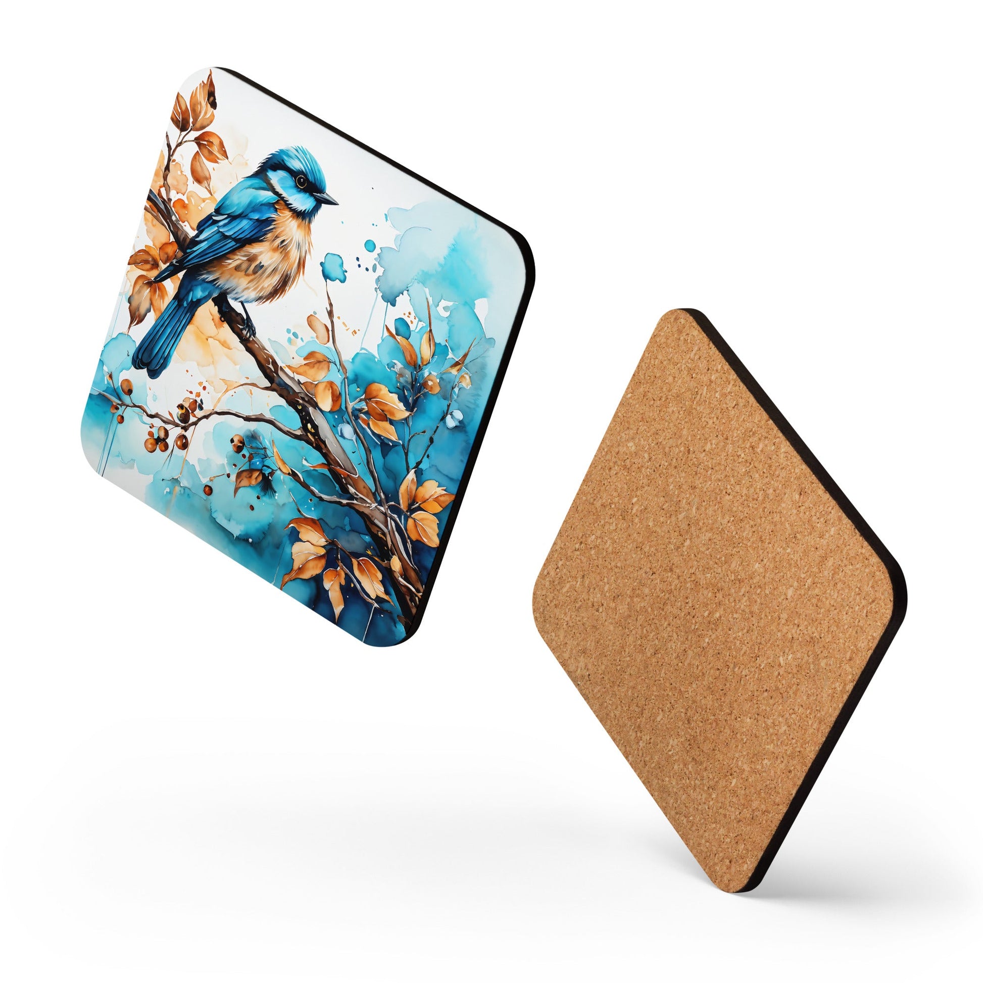 Blue and Tan Bird Perched Cork - back Coaster - Coasters - Discovery Co.