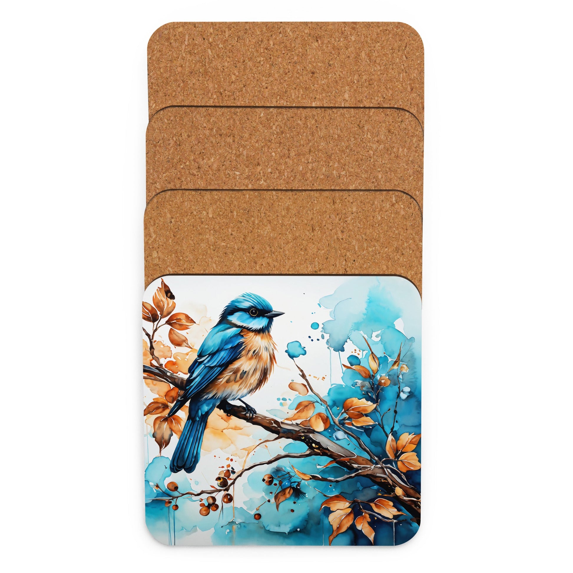 Blue and Tan Bird Perched Cork - back Coaster - Coasters - Discovery Co.