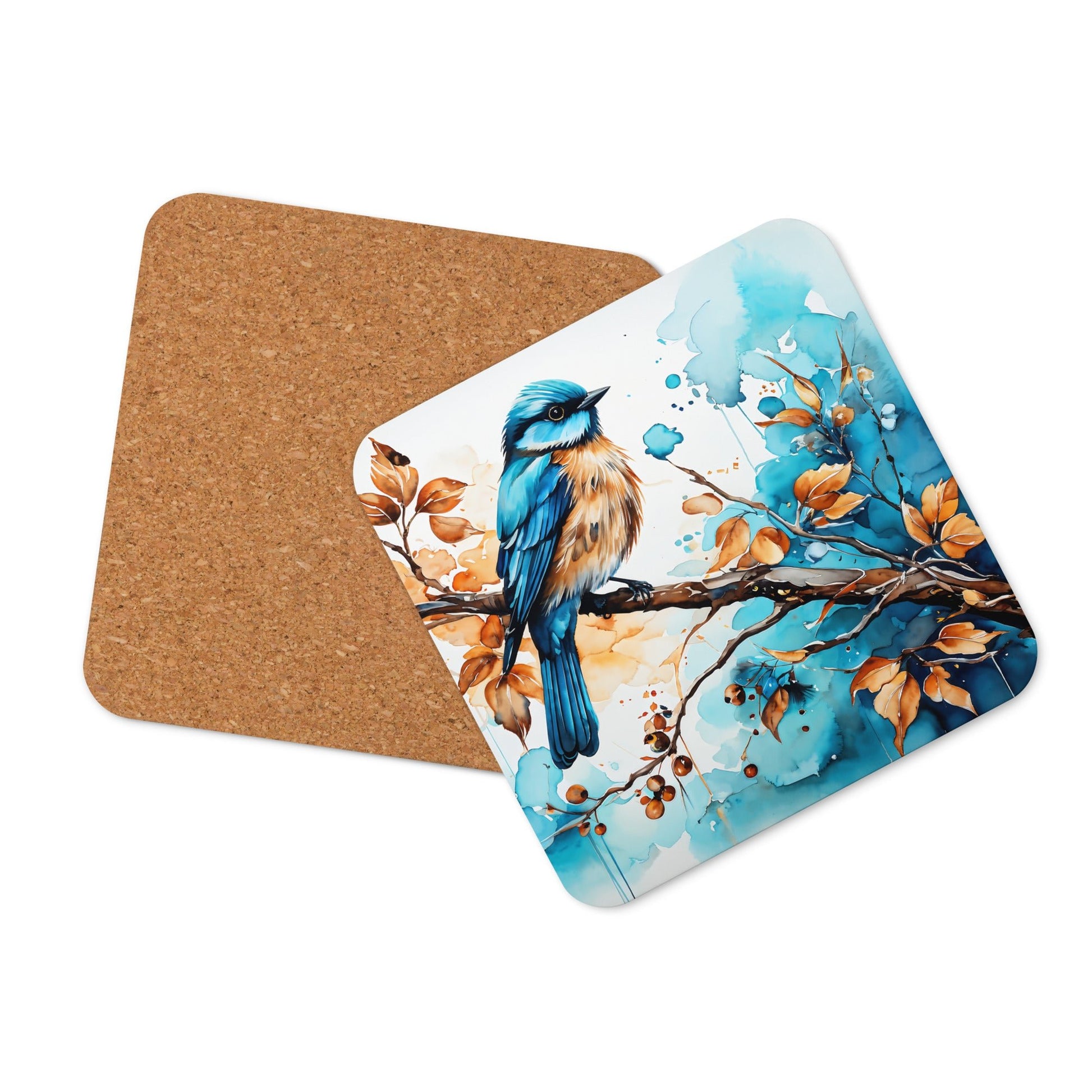 Blue and Tan Bird Perched Cork - back Coaster - Coasters - Discovery Co.