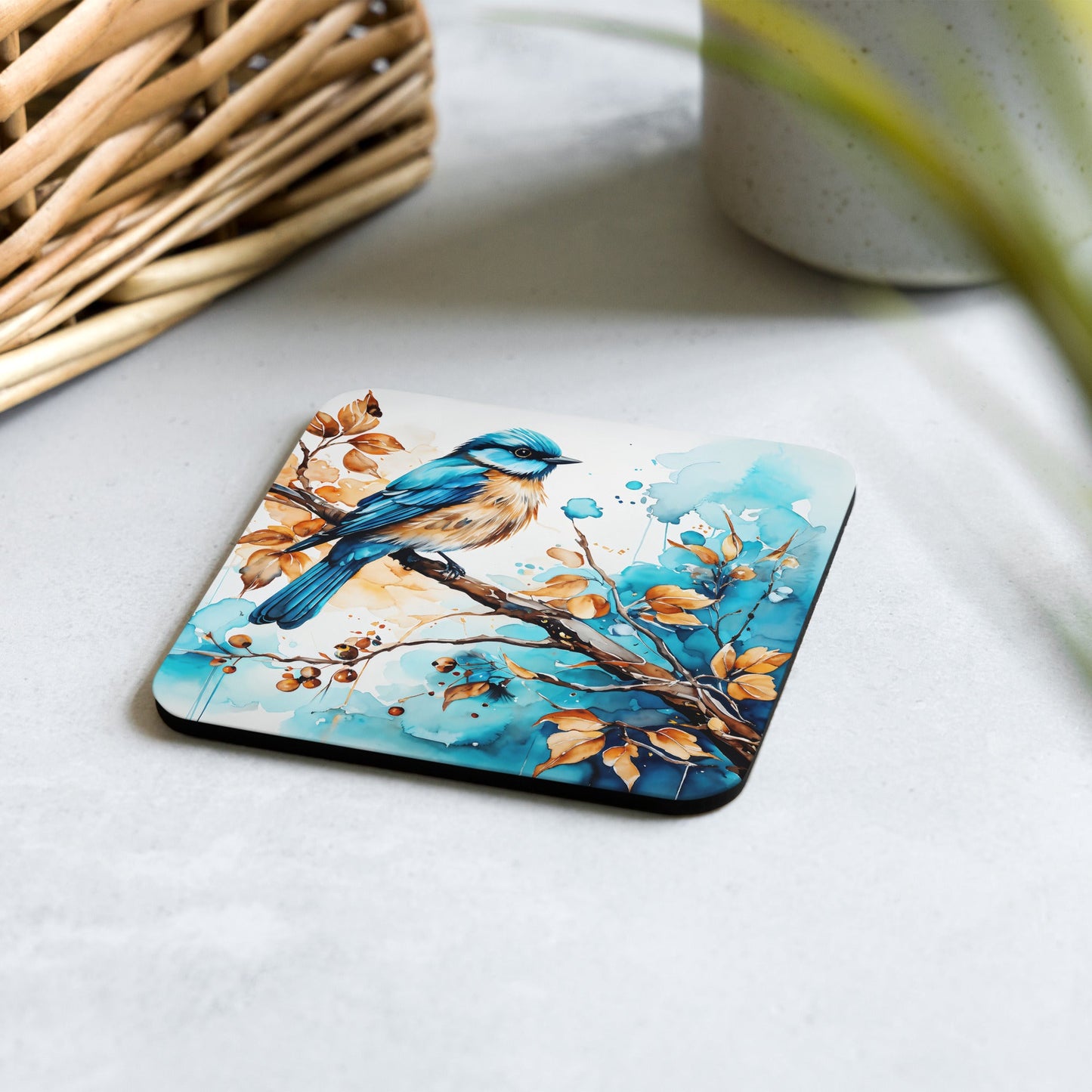 Blue and Tan Bird Perched Cork - back Coaster - Coasters - Discovery Co.