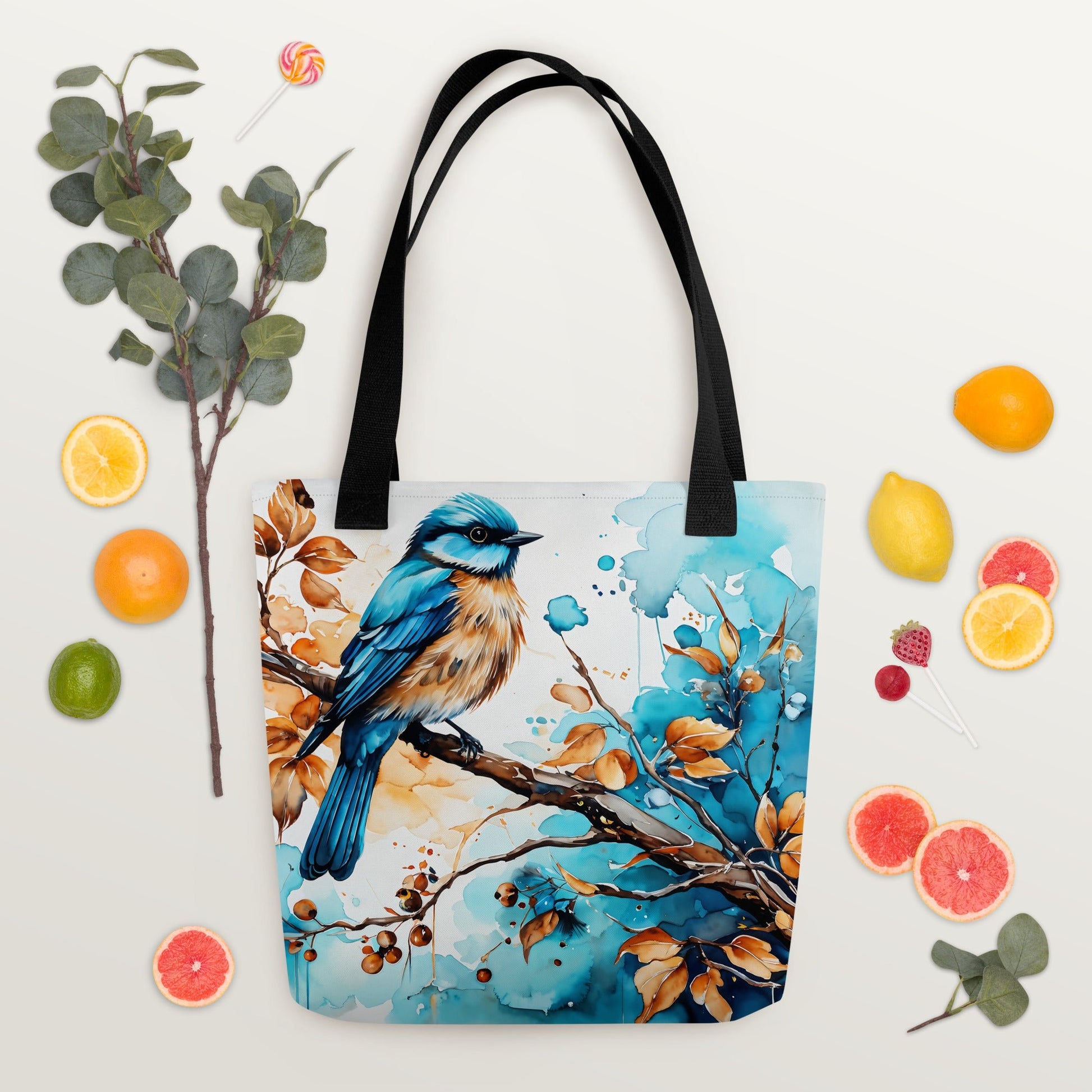 Blue and Tan Bird Perched on a Branch Tote Bag - Tote Bags - Discovery Co.