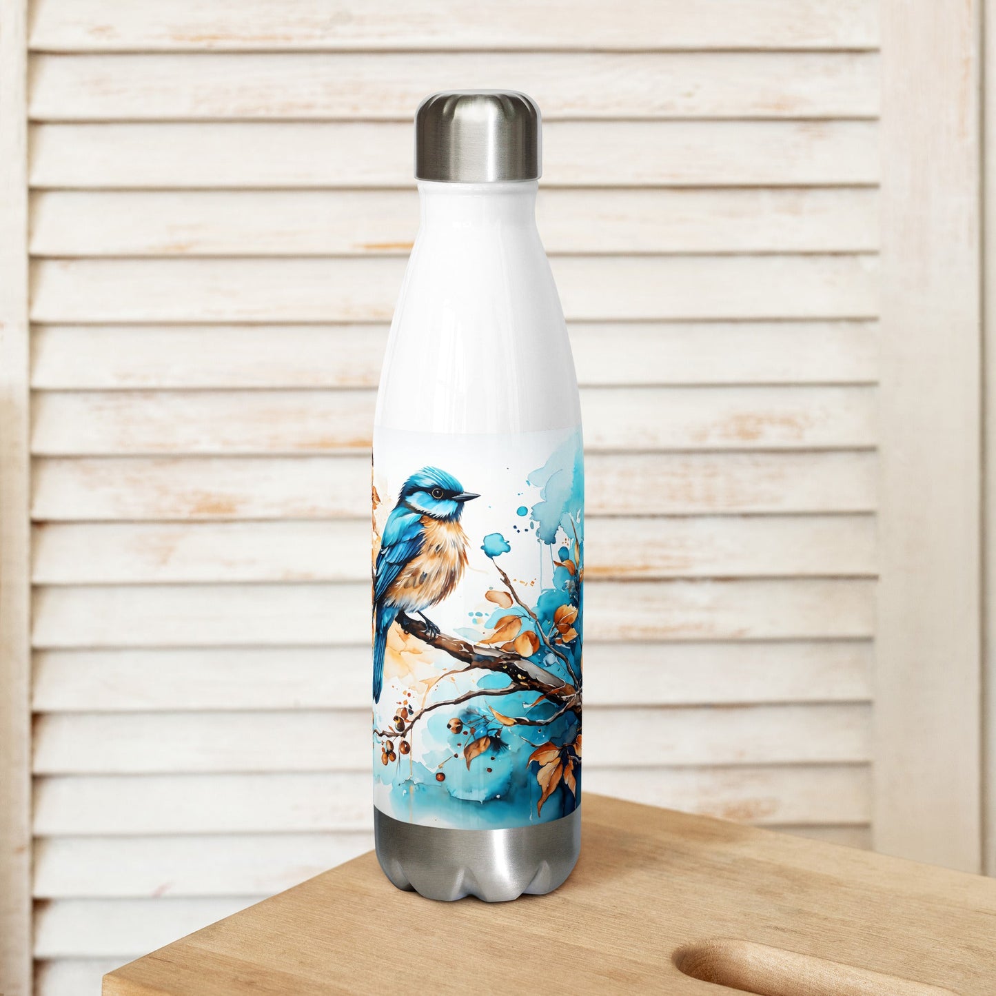 Blue and Tan Bird Perched Stainless Steel Water Bottle - Stainless Steel Water Bottle - Discovery Co.