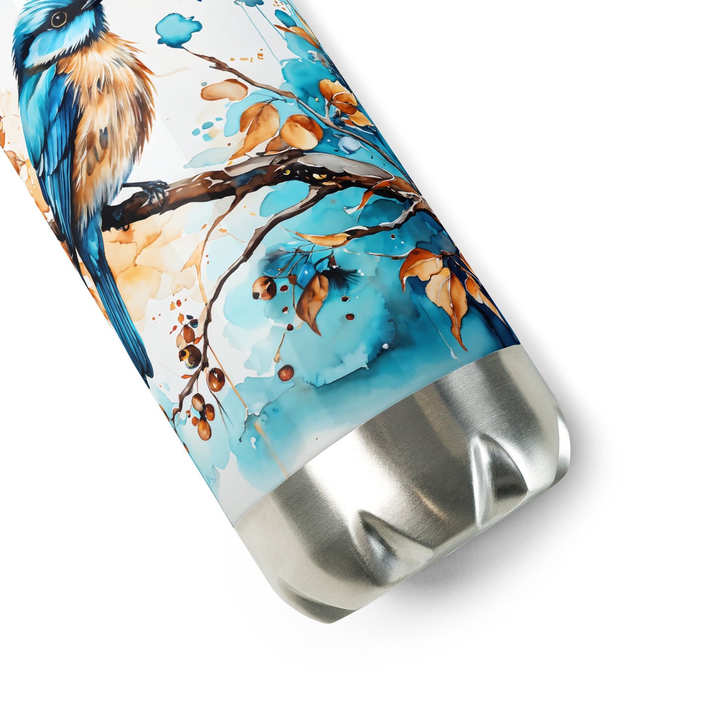 Blue and Tan Bird Perched Stainless Steel Water Bottle - Stainless Steel Water Bottle - Discovery Co.