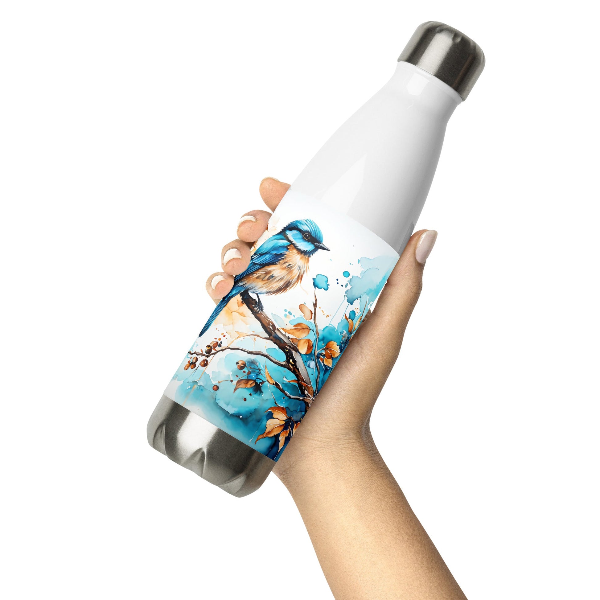 Blue and Tan Bird Perched Stainless Steel Water Bottle - Stainless Steel Water Bottle - Discovery Co.