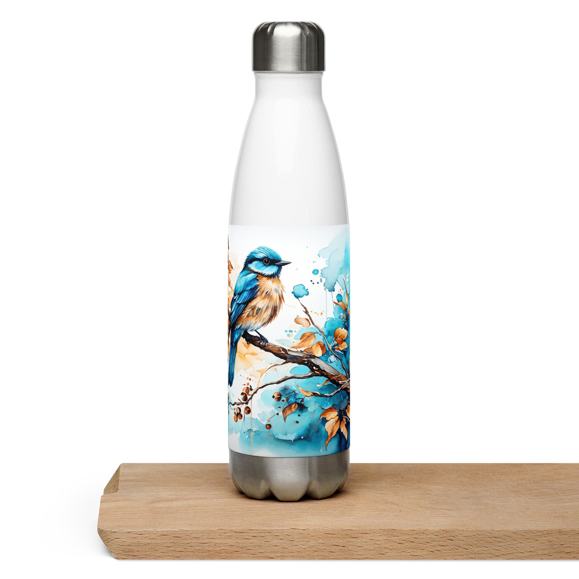 Blue and Tan Bird Perched Stainless Steel Water Bottle - Stainless Steel Water Bottle - Discovery Co.