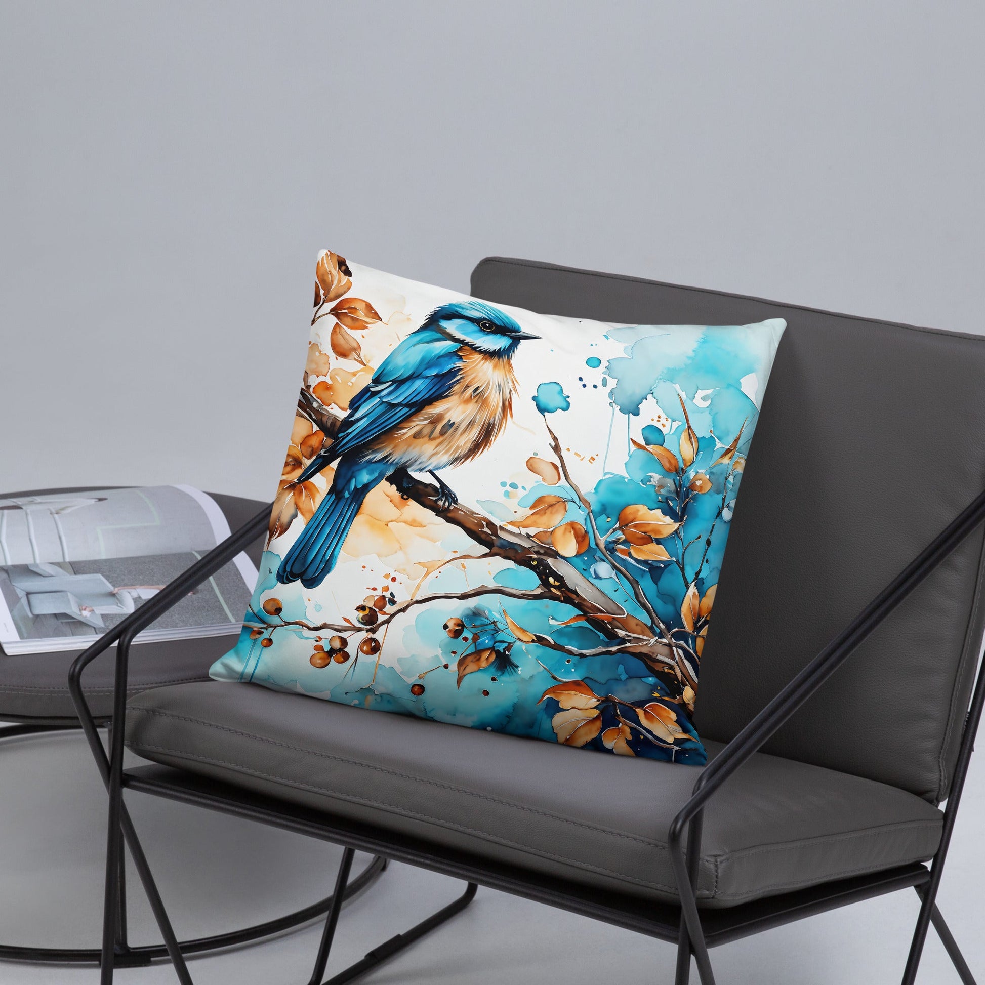 Blue and Tan Bird Perched Watercolor Art Basic Pillow - Pillows - Discovery Co.