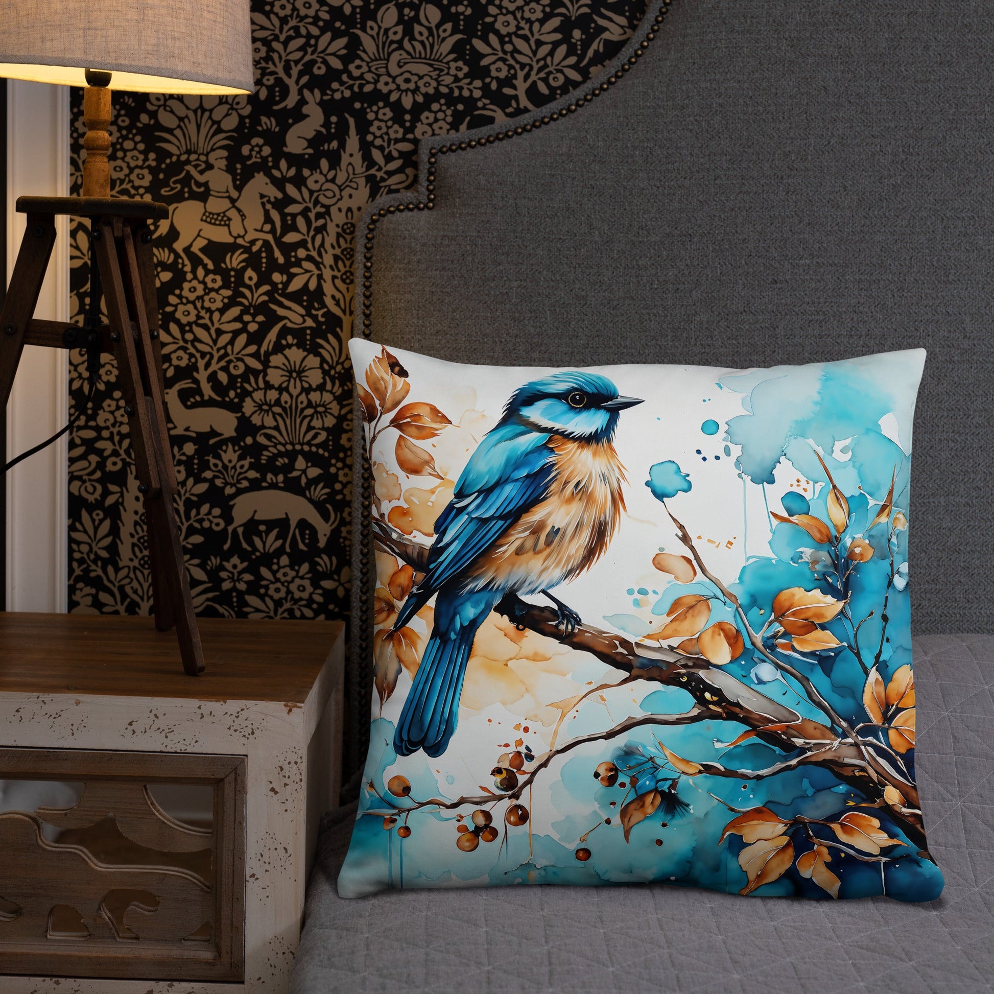 Blue and Tan Bird Perched Watercolor Art Basic Pillow - Pillows - Discovery Co.