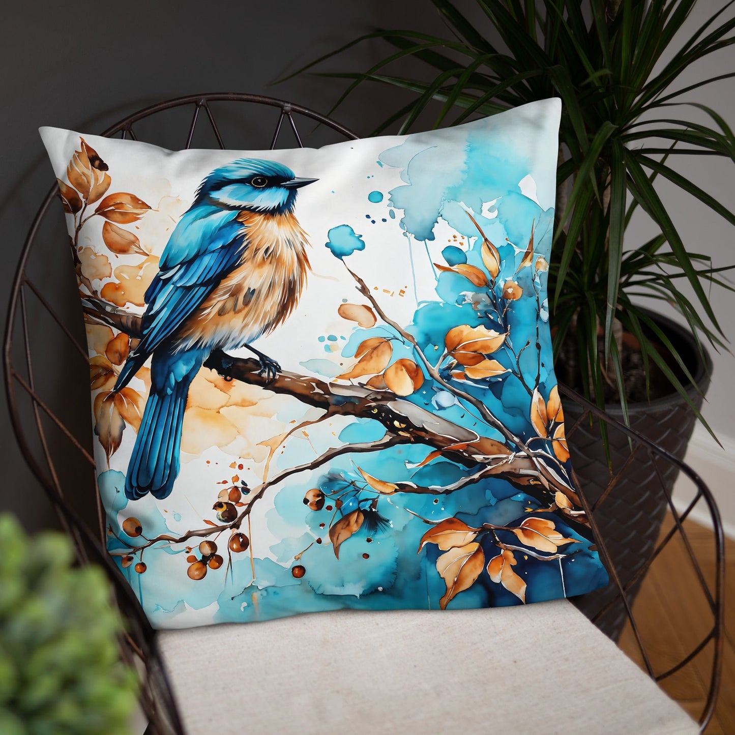 Blue and Tan Bird Perched Watercolor Art Basic Pillow - Pillows - Discovery Co.