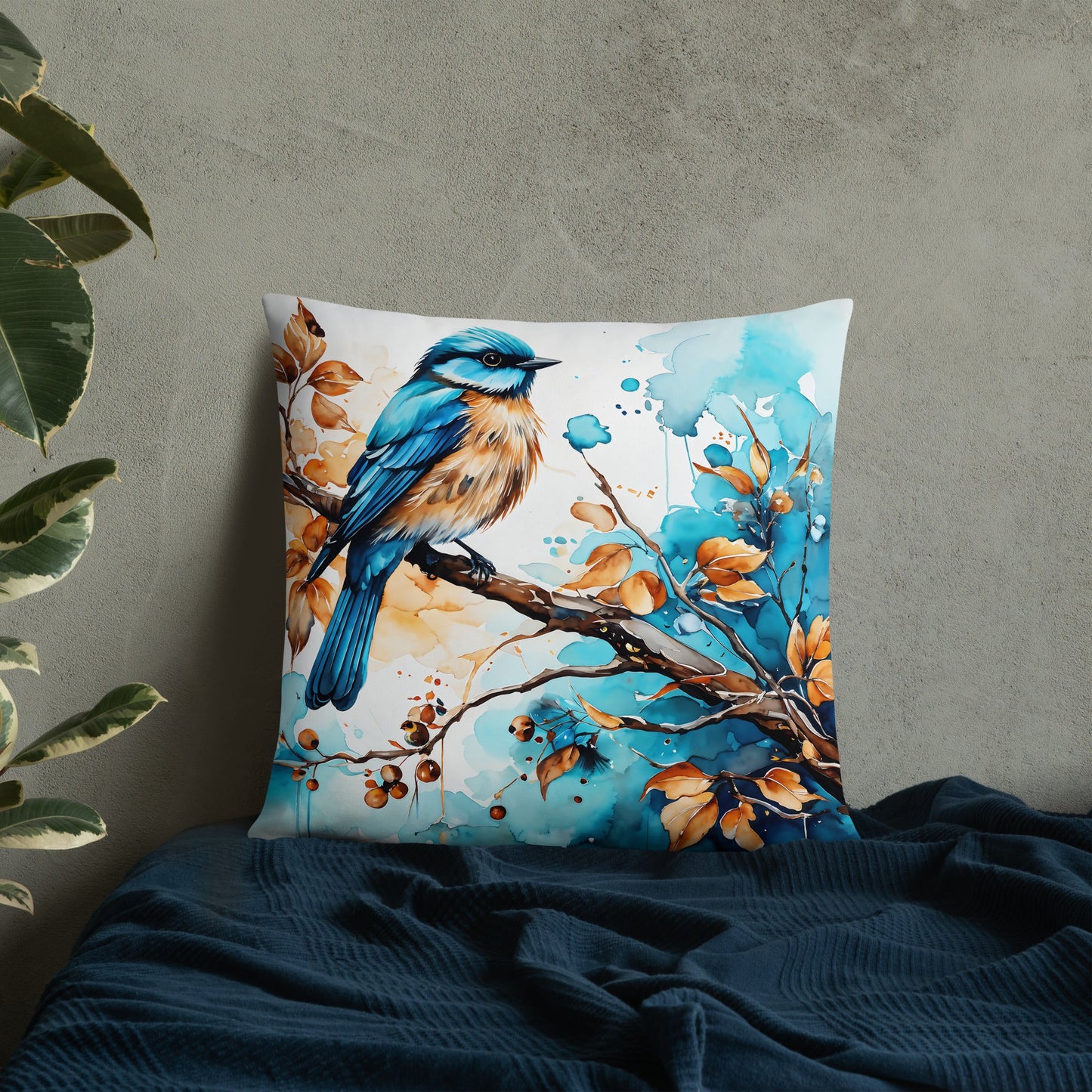 Blue and Tan Bird Perched Watercolor Art Basic Pillow - Pillows - Discovery Co.