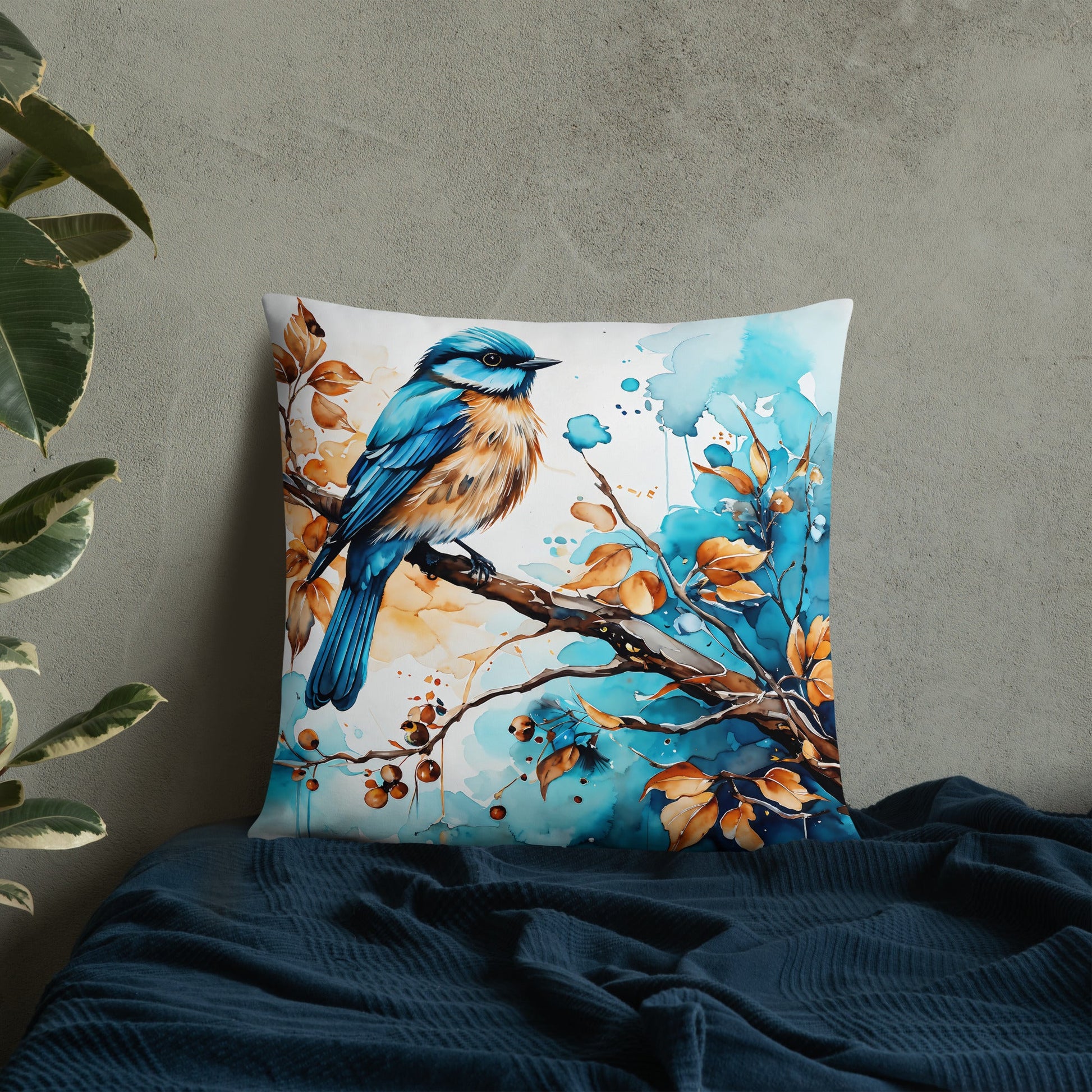 Blue and Tan Bird Perched Watercolor Art Basic Pillow - Pillows - Discovery Co.