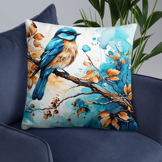 Blue and Tan Bird Perched Watercolor Art Basic Pillow - Pillows - Discovery Co.