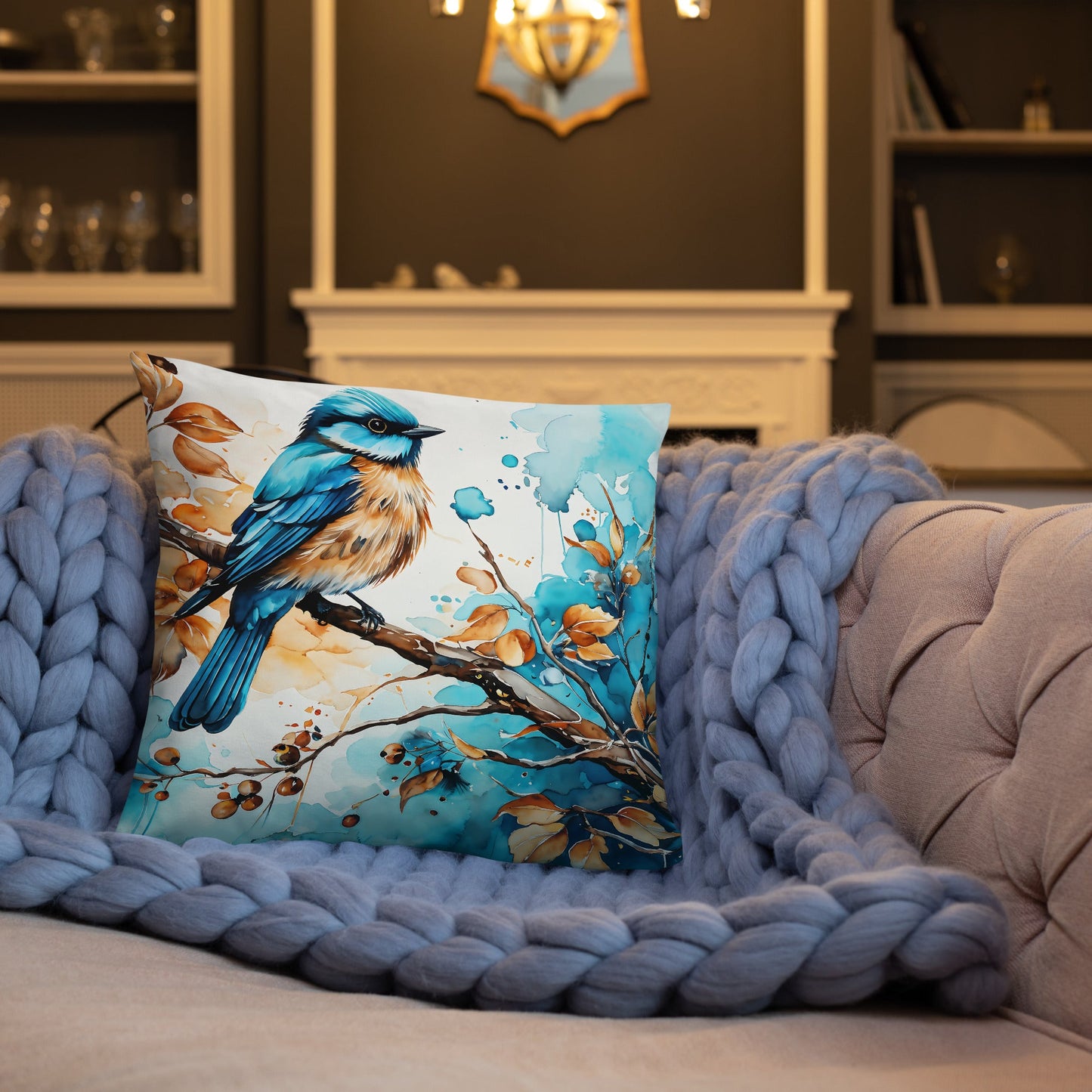 Blue and Tan Bird Perched Watercolor Art Basic Pillow - Pillows - Discovery Co.
