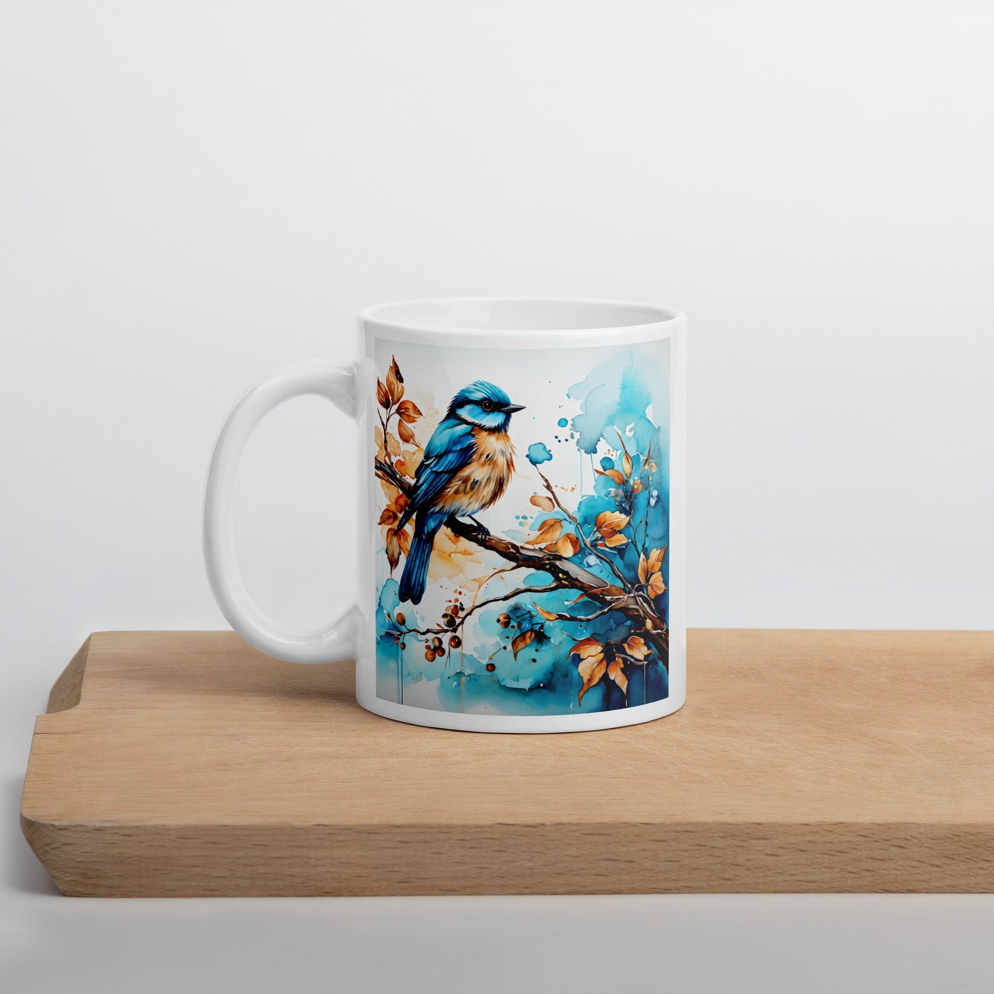 Blue and Tan Bird Perched White Glossy Mug (11 oz, 15 oz, 20 oz) - Mugs - Discovery Co.