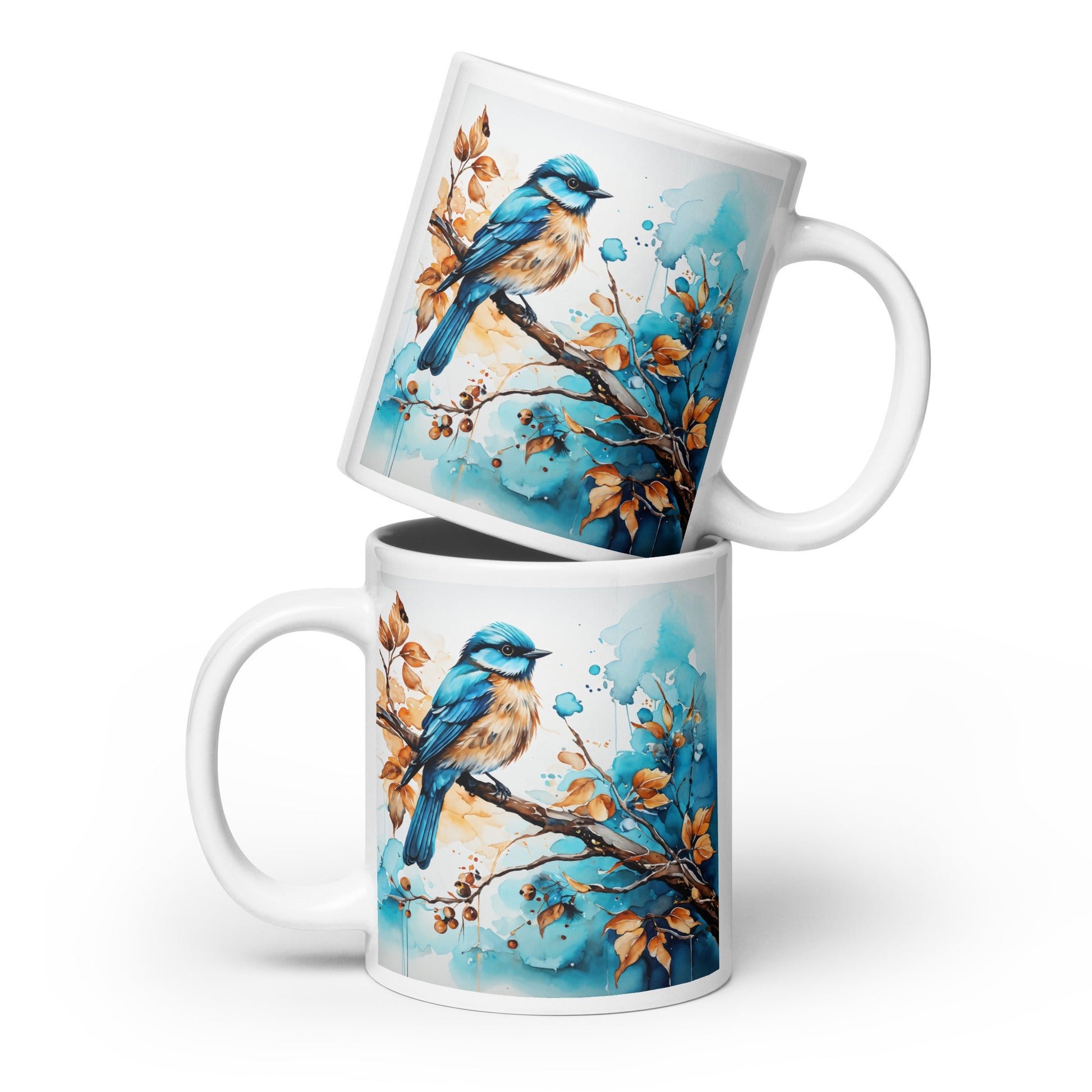 Blue and Tan Bird Perched White Glossy Mug (11 oz, 15 oz, 20 oz) - Mugs - Discovery Co.