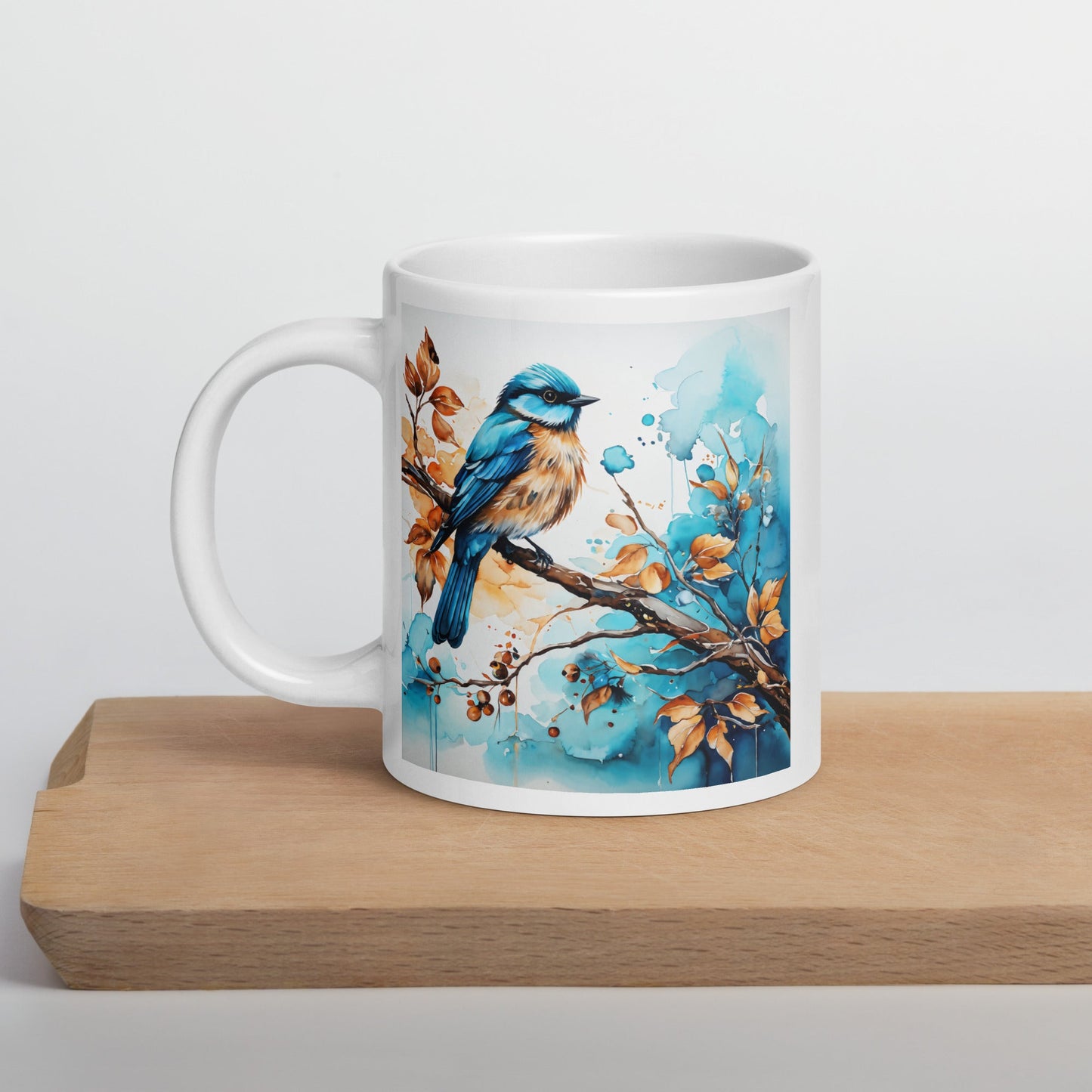 Blue and Tan Bird Perched White Glossy Mug (11 oz, 15 oz, 20 oz) - Mugs - Discovery Co.