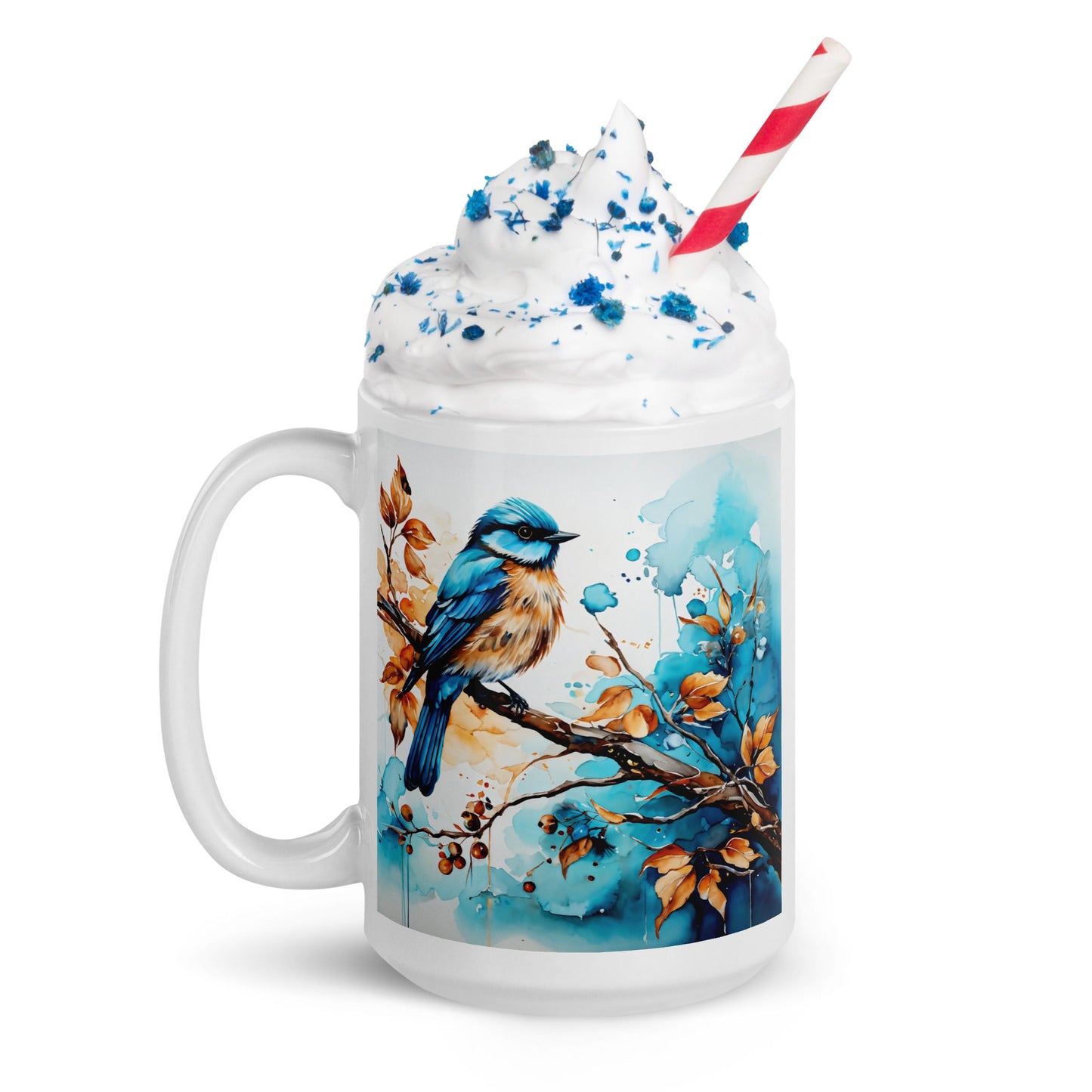 Blue and Tan Bird Perched White Glossy Mug (11 oz, 15 oz, 20 oz) - Mugs - Discovery Co.